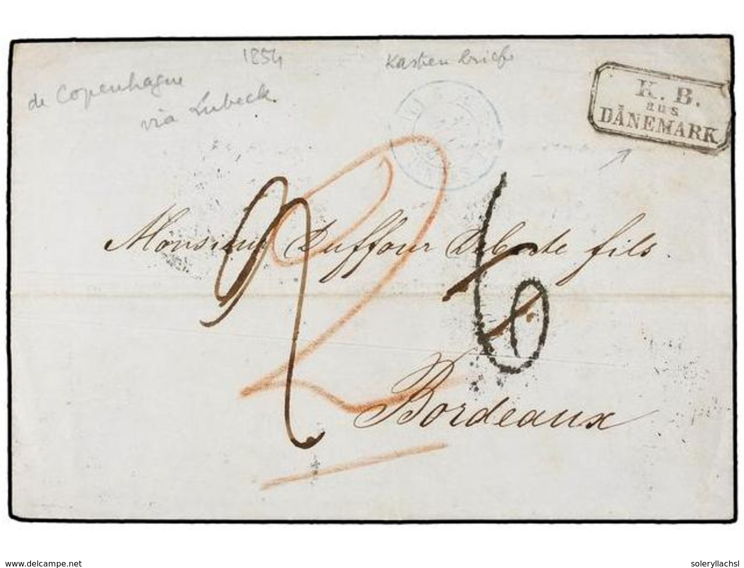 461 DINAMARCA. 1854. COPENHAGEN To FRANCE, Via Luebeck With<B> K.B./AUS/DANEMARK</B> Exchange Mark (Van Der Linden 1841) - Sonstige & Ohne Zuordnung