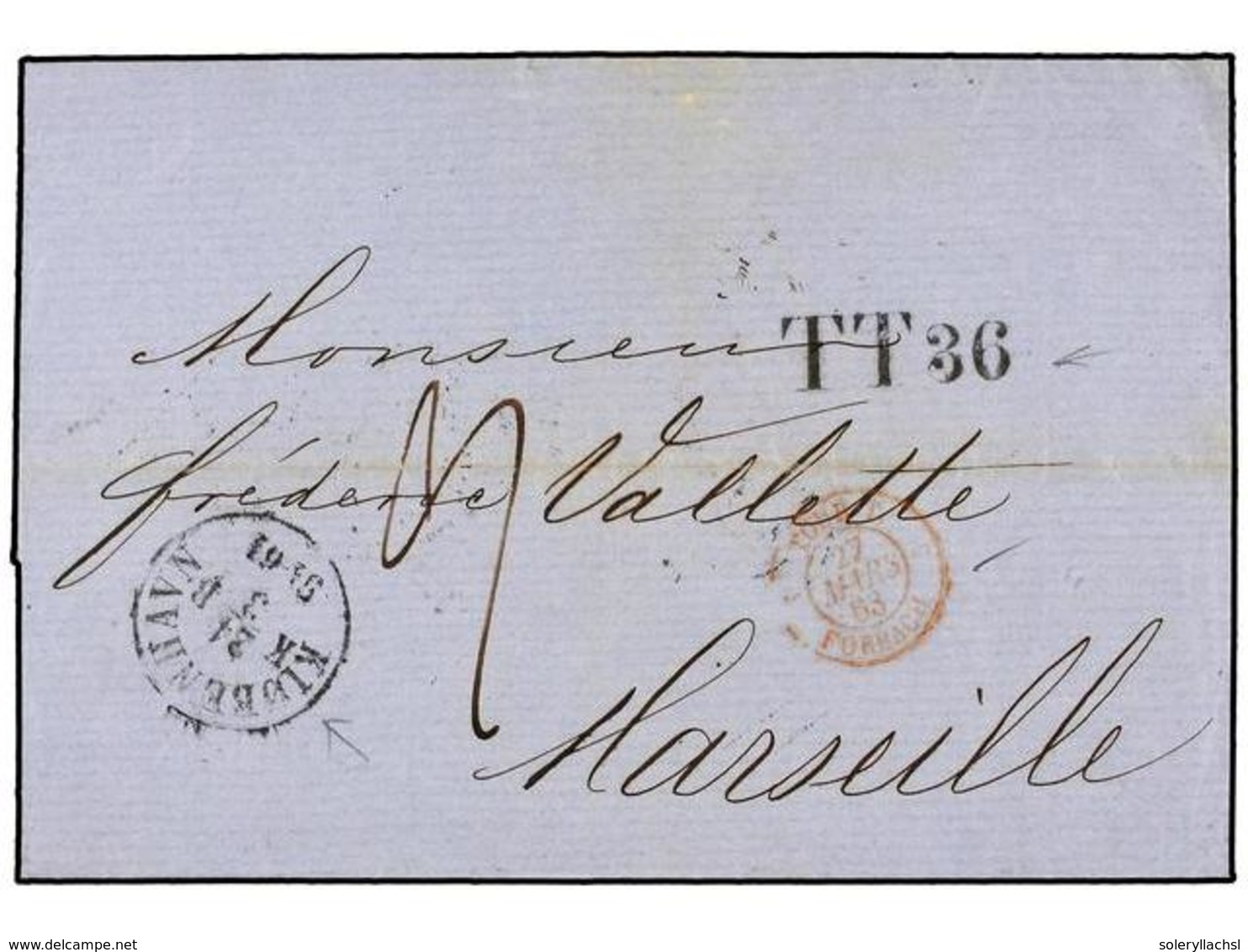 465 DINAMARCA. 1863. COPENHAGEN To MARSEILLE (France) With Echange Mark<B> TT36.</B> UNUSUAL. - Andere & Zonder Classificatie