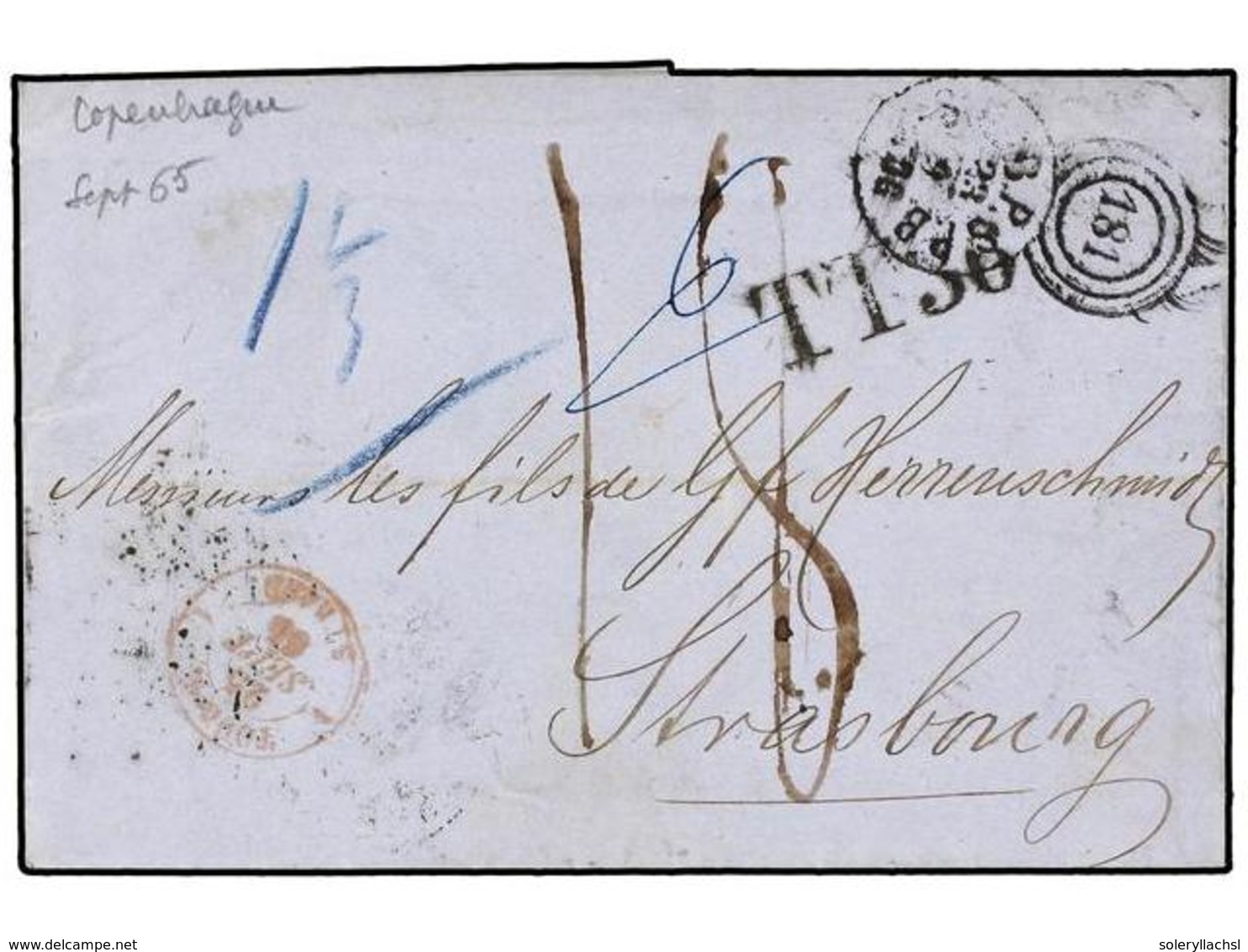 467 DINAMARCA. 1865. COPENHAGEN To FRANCE Vía Luebeck With <B>TT36, </B>exchange Mark (special Type, Big Numbers, Not Li - Sonstige & Ohne Zuordnung