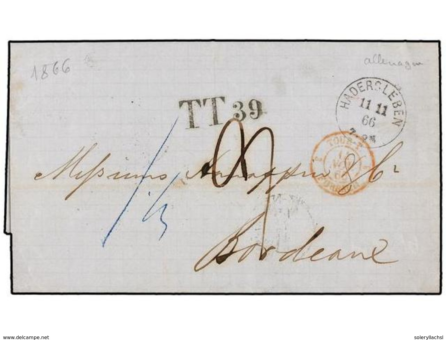 469 DINAMARCA. 1866. HADERSLEBEN To FRANCE Vía Hamburg With <B>TT39</B> Exchange Mark (Van Der Linden 2851). VERY RARE. - Other & Unclassified