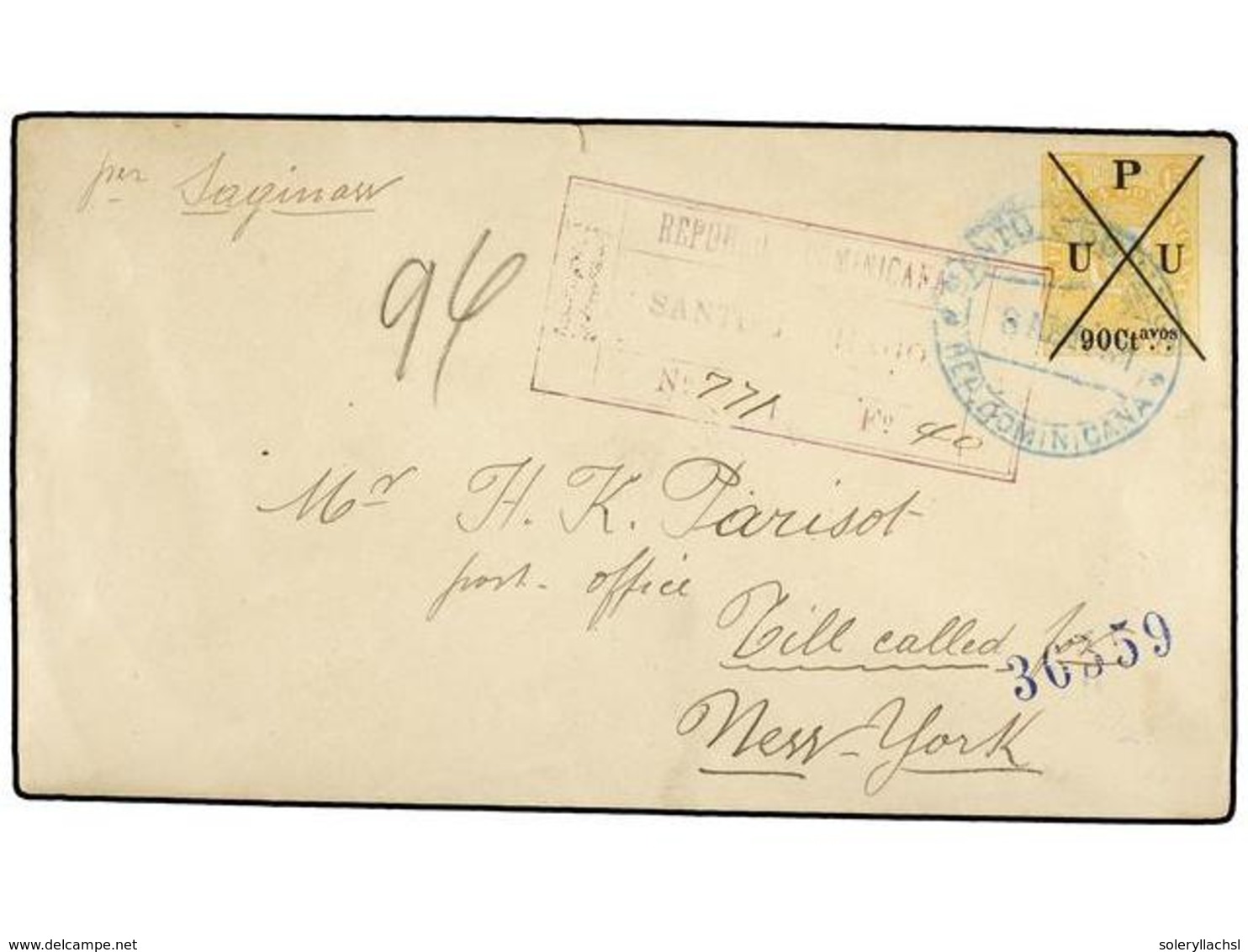 473 REPUBLICA DOMINICANA. 1891. SANTO DOMINGO A USA. Entero Postal De <B>90 Ctvos. S. 15 Ctvos.</B> Amarillo, Circulado  - Other & Unclassified