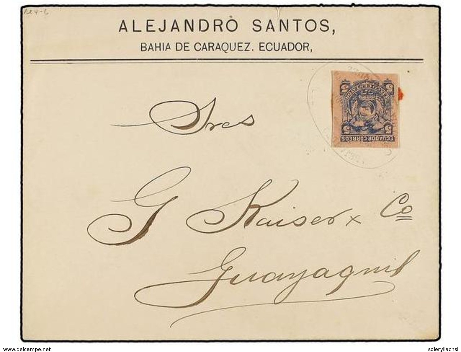 477 ECUADOR. (1898 CA.). BAHIA DE CARAQUEZ A GUAYAQUIL Circulada Con Sello De <B>5 Cts.</B> Azul S. Rosa Recortado De Un - Other & Unclassified