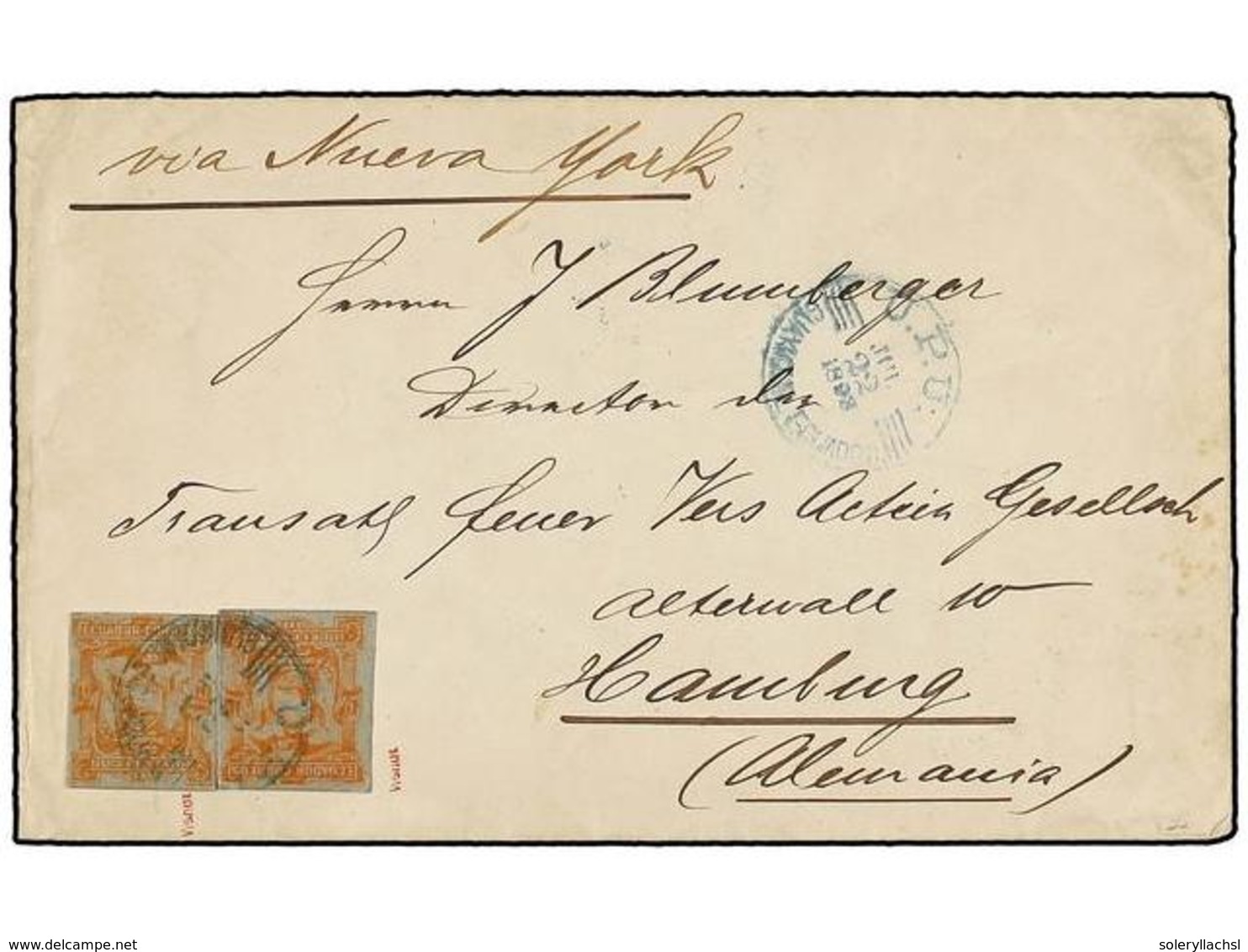 478 ECUADOR. 1898. GUAYAQUIL A ALEMANIA. Circulado Con Dos Sellos De <B>10 Cts.</B> Naranja S. Azul Recortados De Un Ent - Autres & Non Classés