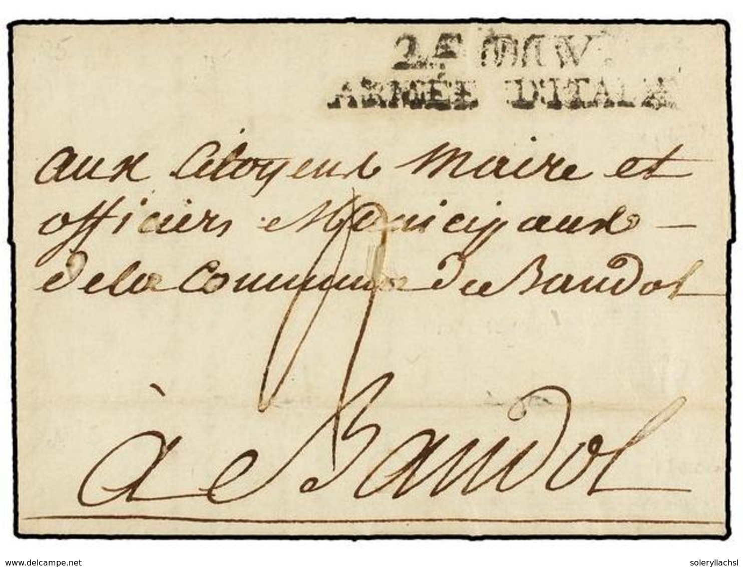 486 FRANCIA. 1794. PORT D'ALON A BAUDOL. Carta Completa. Marca <B>2ª DIV./ARMEE D'ITALIE</B>. - Sonstige & Ohne Zuordnung