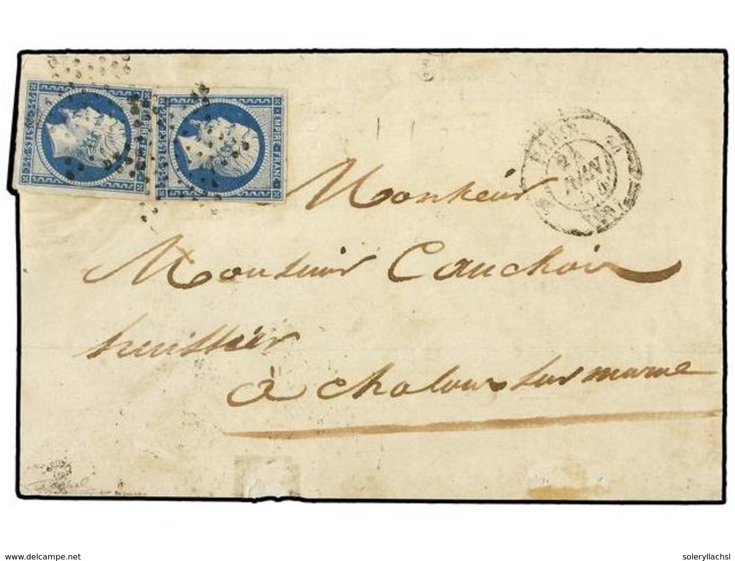 495 FRANCIA. Yv.15 (2). 1854. PARÍS A CHALLONS. <B>25 Cts.</B> Azul (2) Grandes Márgenes. Cert. ROUMET. Yvert.1.400€. - Andere & Zonder Classificatie