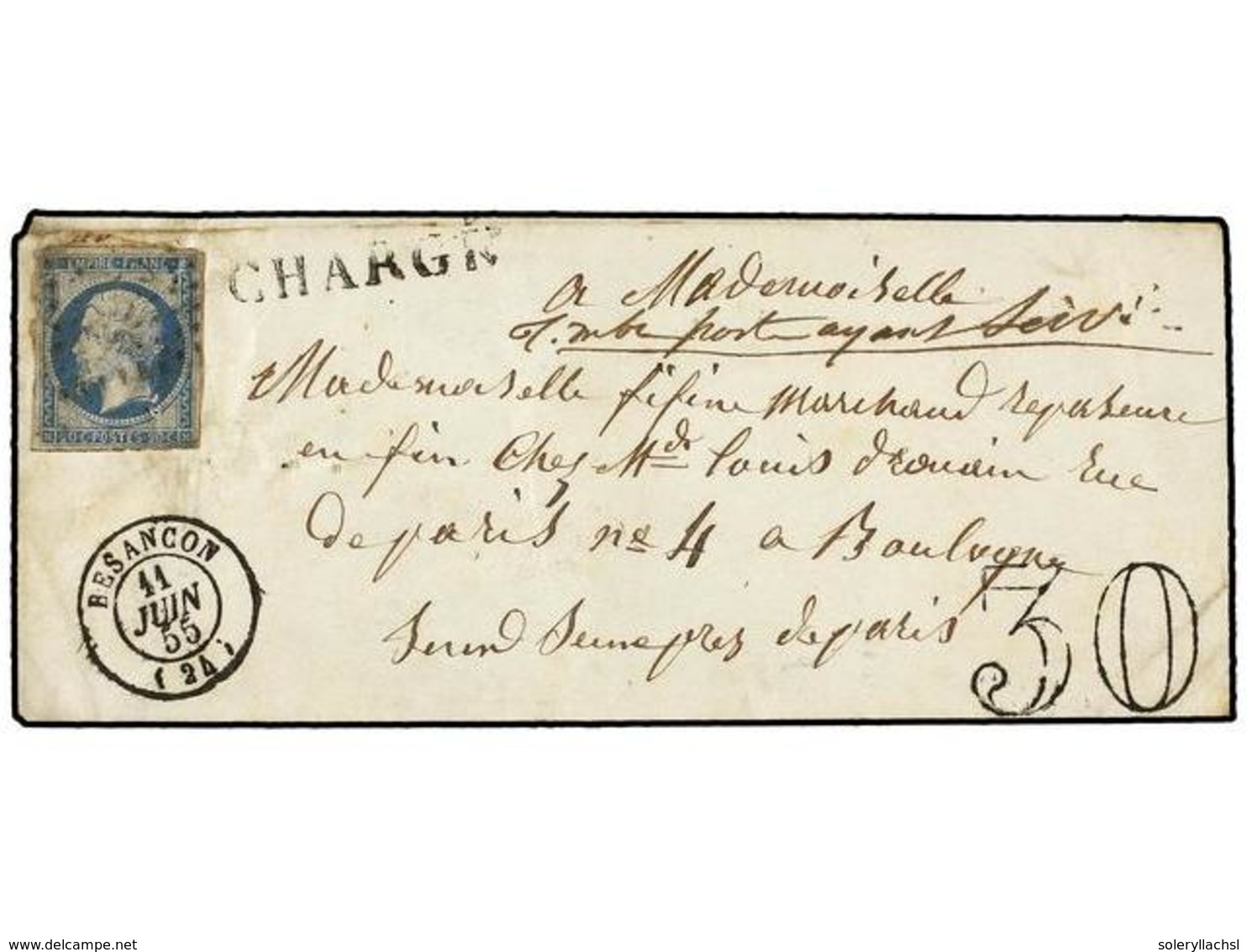 497 FRANCIA. Yv.14. 1855. BESANCON A PARIS. <B>20 Cts.</B> Azul <B>FRAUDE AL CORREO </B>usando Un Sello Ya Circulado Man - Altri & Non Classificati