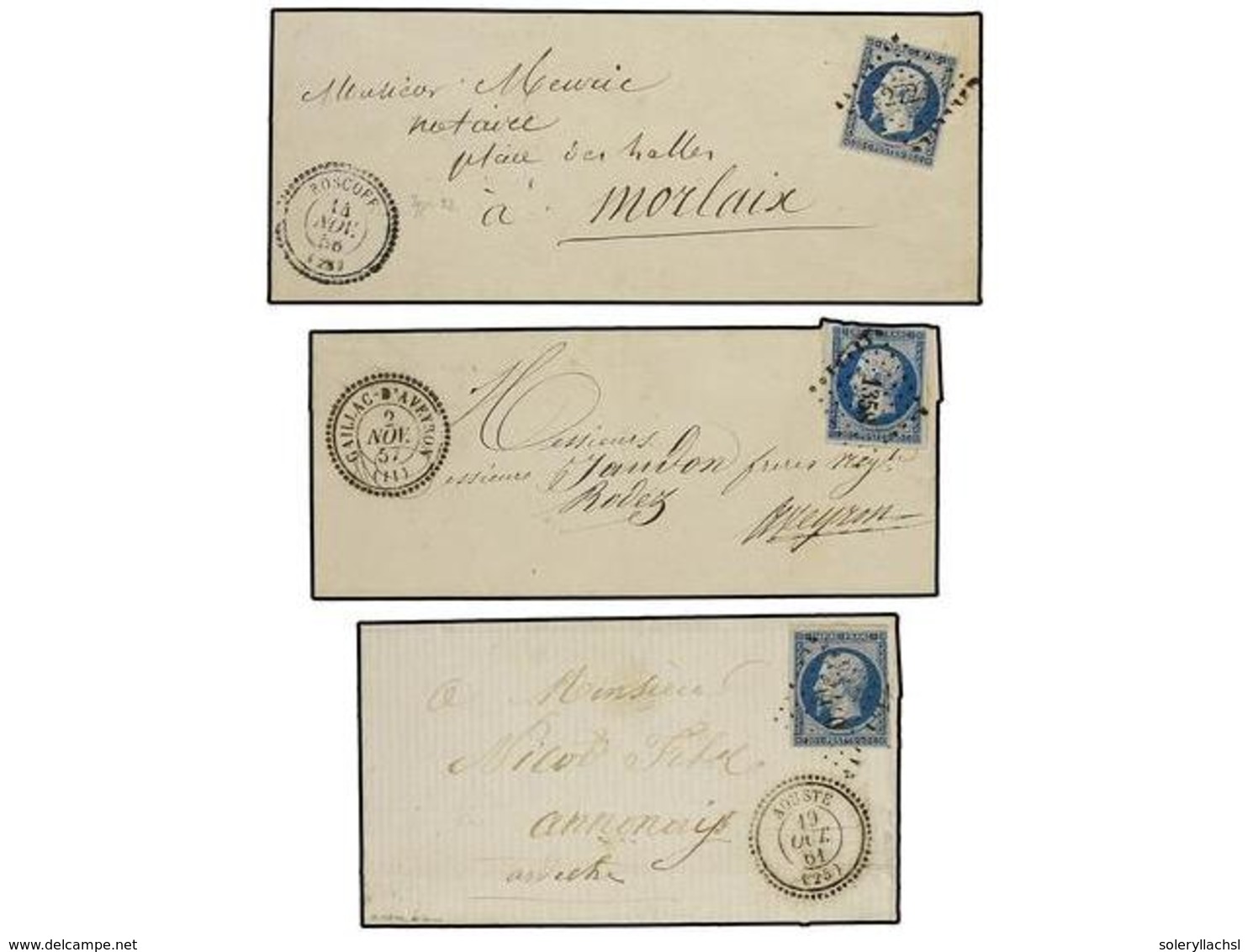 499 FRANCIA. Yv.14 (7). 1856-61. <B>20 Cts.</B> Azul Conjunto De 7 Cartas Con Mat. Fechador De Puntas . MUY BONITAS. - Andere & Zonder Classificatie