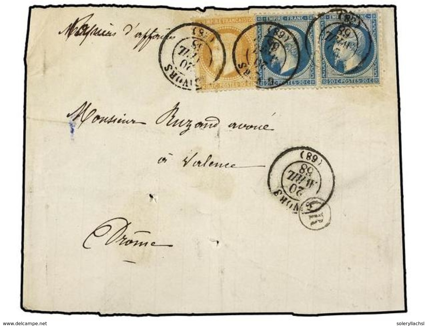 503 FRANCIA. Yv.21, 22 (2). 1868. GIVORS A DROME. <B>10 Cts.</B> Bistre Y <B>20 Cts.</B> Azul Mat. Fechador <B>GIVORS/68 - Sonstige & Ohne Zuordnung