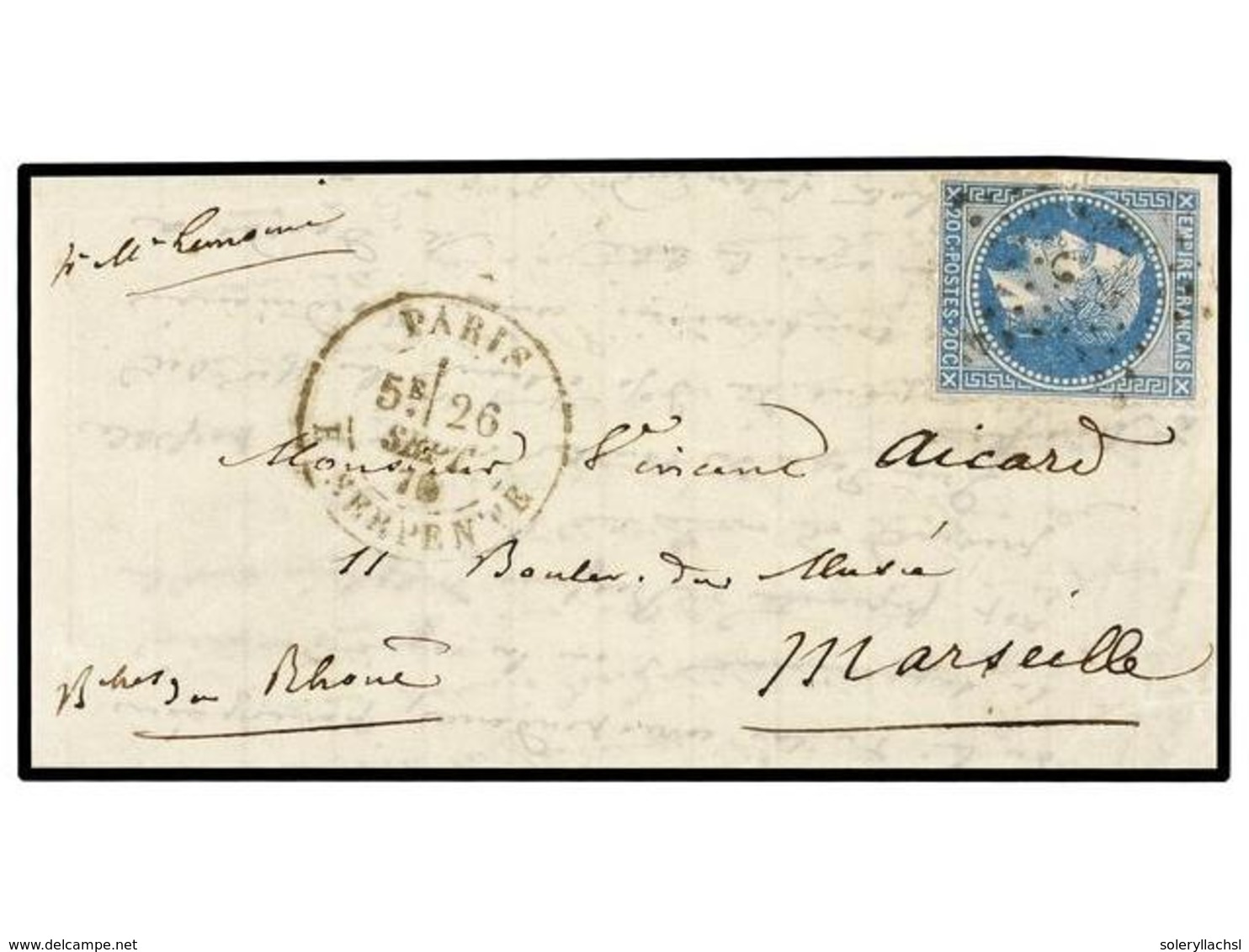 507 FRANCIA. 1870 (Sept. 26). PARIS To MARSEILLE. <B>BALLOON 'JEAN BART Nº1'</B>. Entire Letter Franked With <B>20 Cts.< - Andere & Zonder Classificatie