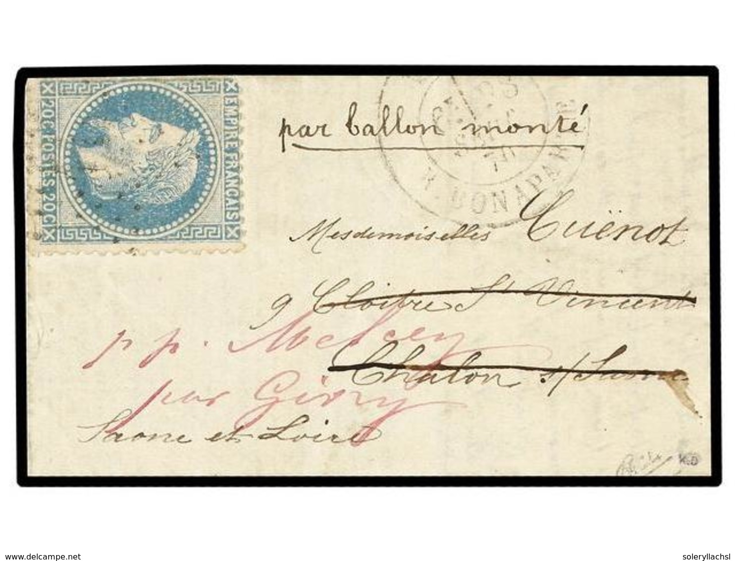 509 FRANCIA. 1870 (Sept. 28). PARIS To CHALON SUR SAONE. <B>BALLOON 'LES ETATS UNIS'</B>. Entire Letter Franked With <B> - Andere & Zonder Classificatie