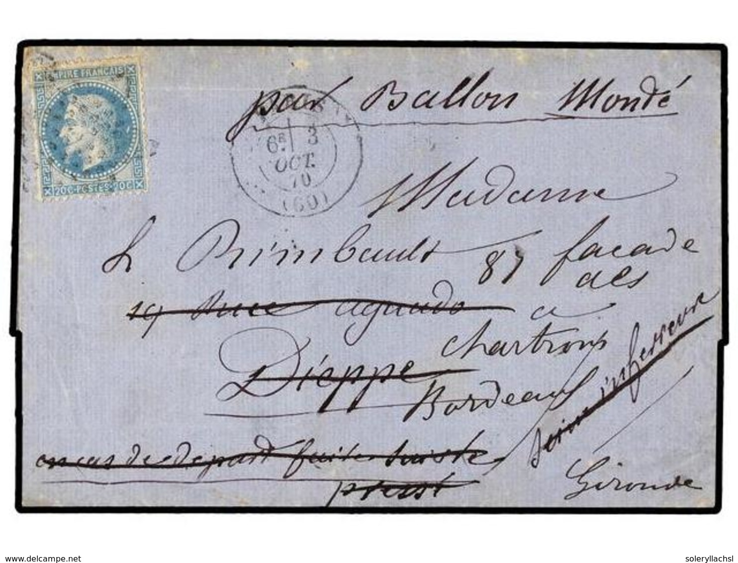 511 FRANCIA. 1870 (Oct. 3). PARIS To DIEPPE Redirected Several Times Until BORDEAUX. Folded Letter (without Text) Franke - Sonstige & Ohne Zuordnung