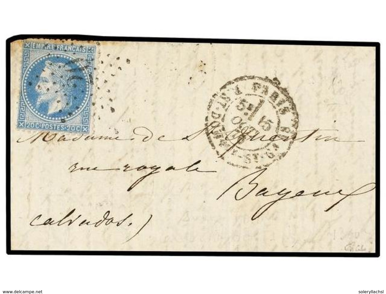 515 FRANCIA. 1870 (Oct. 15). PARIS To BAYEUX. <B>BALLOON 'JULES FAVRE Nº1'. </B>Entire Letter Franked With <B>20 Cts.</B - Andere & Zonder Classificatie