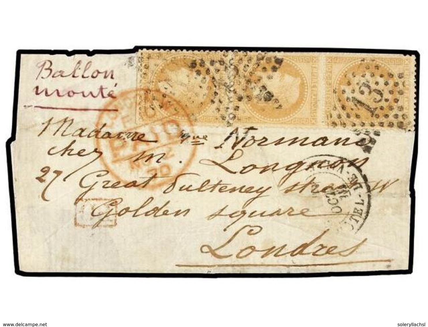 519 FRANCIA. 1870 (22 Oct.). PARIS To LONDON. <B>BALLOON 'LE GARIBALDI'</B>. Wrapper (without Text) Franked With Strip O - Andere & Zonder Classificatie