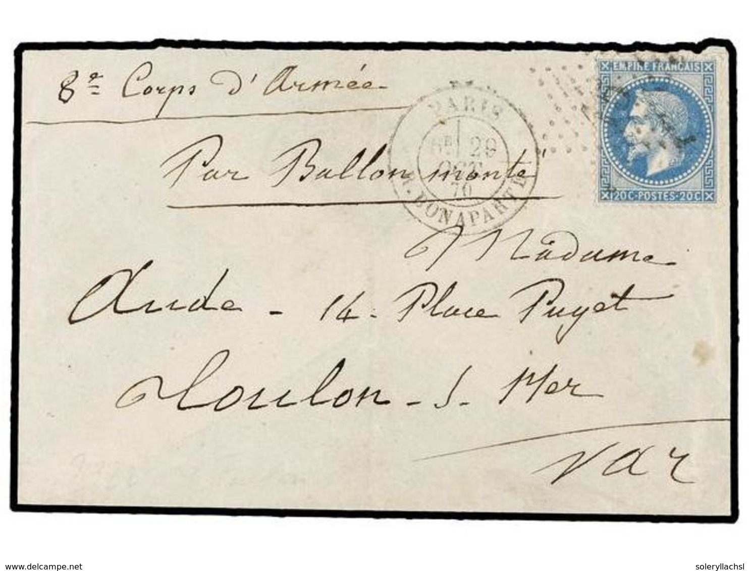 520 FRANCIA. 1870 (Oct. 29). PARIS To TOULON. <B>BALLOON  'LE FULTON'</B>. Envelope (without Text) Franked With <B>20 Ct - Andere & Zonder Classificatie