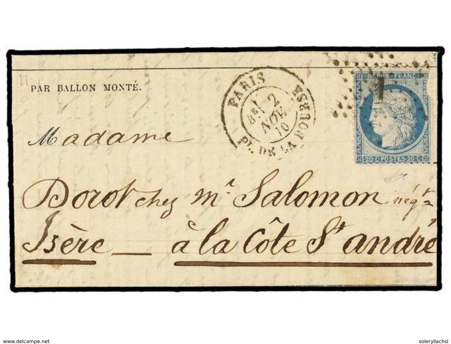 522 FRANCIA. 1870 (Nov. 2). PARIS To LA CÔTE ST. ANDRE. <B>BALLOON 'LE FERDINAND FLOCON'</B>. Entire <I>'LA GAZETTE DES  - Andere & Zonder Classificatie