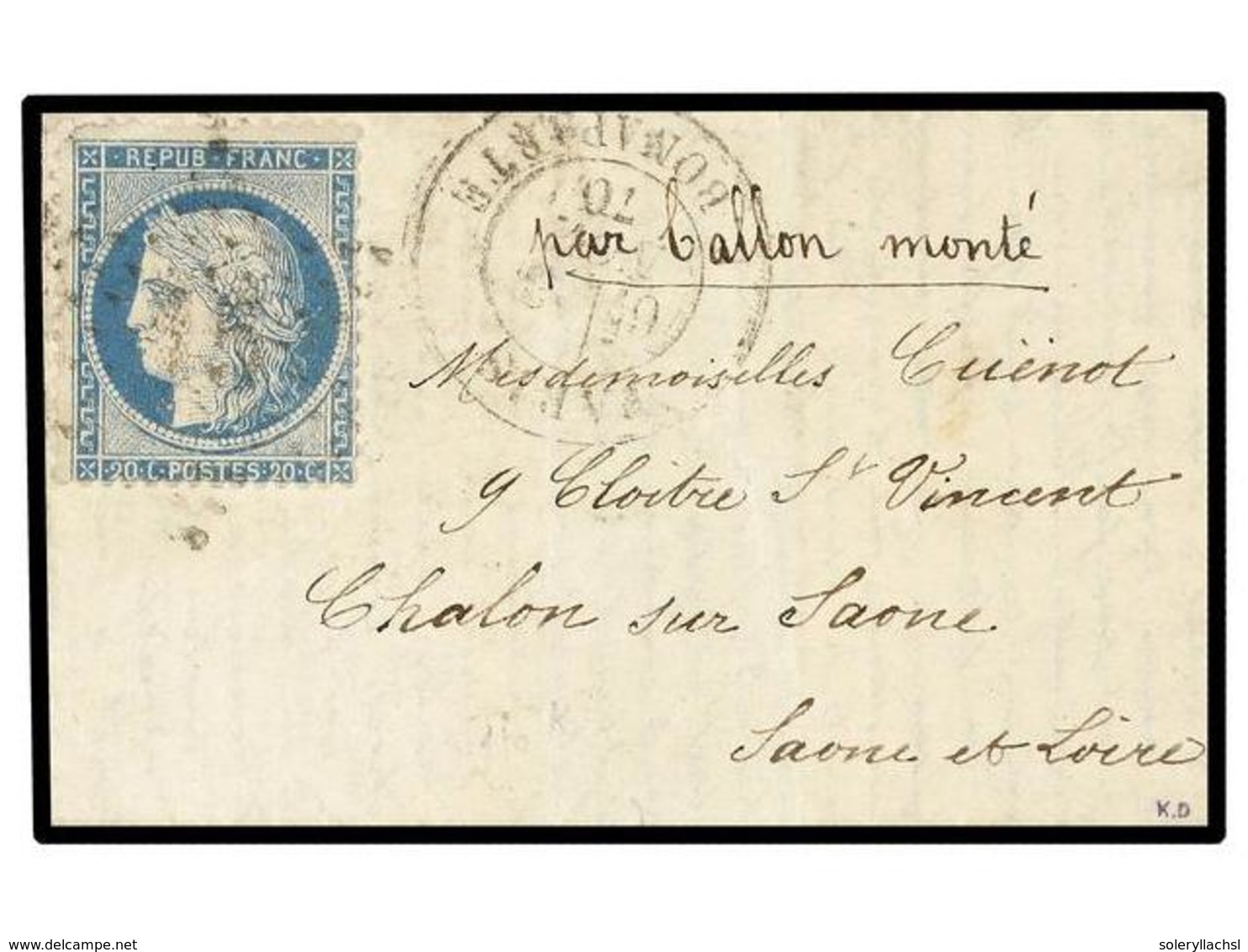 524 FRANCIA. 1870 (Nov. 3). PARIS To SAONE ET LOIRE. <B>BALLOON 'LE FERDINAND FLOCON'</B>. Entire Letter Franked With <B - Sonstige & Ohne Zuordnung