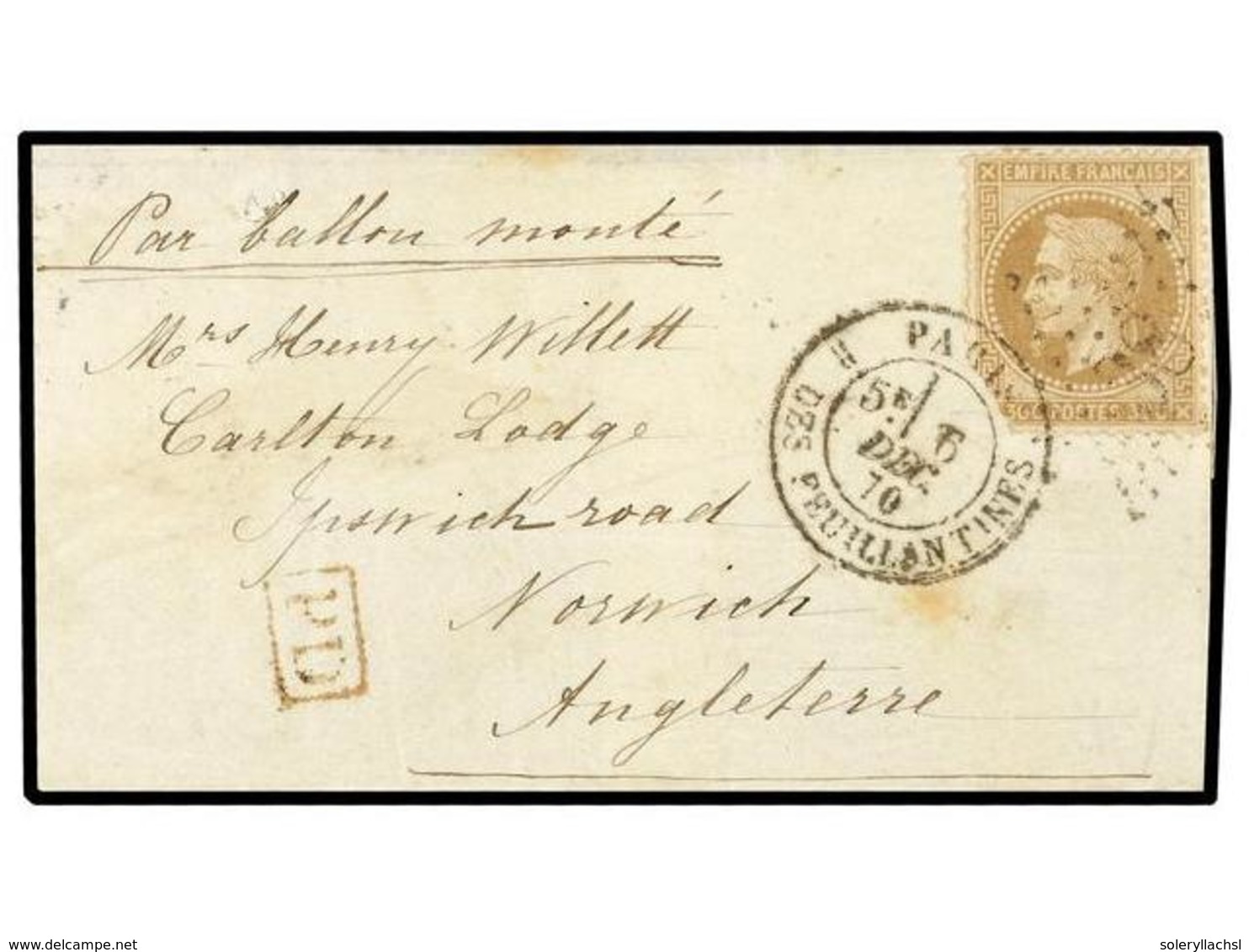 528 FRANCIA. 1870 (Dec. 6). PARIS To NORWICH (Great Britain). <B>BALLOON 'LE DENIS PAPIN'</B>. Folded Letter (without Te - Sonstige & Ohne Zuordnung