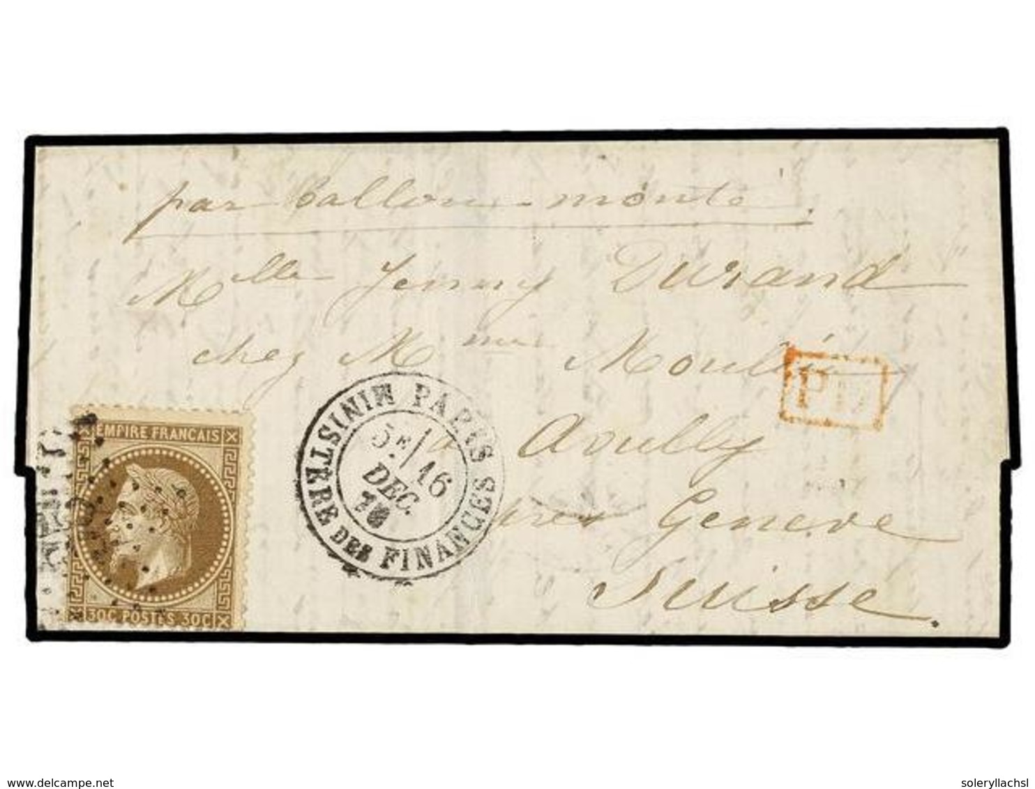 529 FRANCIA. 1870 (Dec. 16). PARIS To GENEVE (Switzerland). <B>BALLOON 'LE PARMENTIER'</B>. Entire Letter Franked With < - Sonstige & Ohne Zuordnung