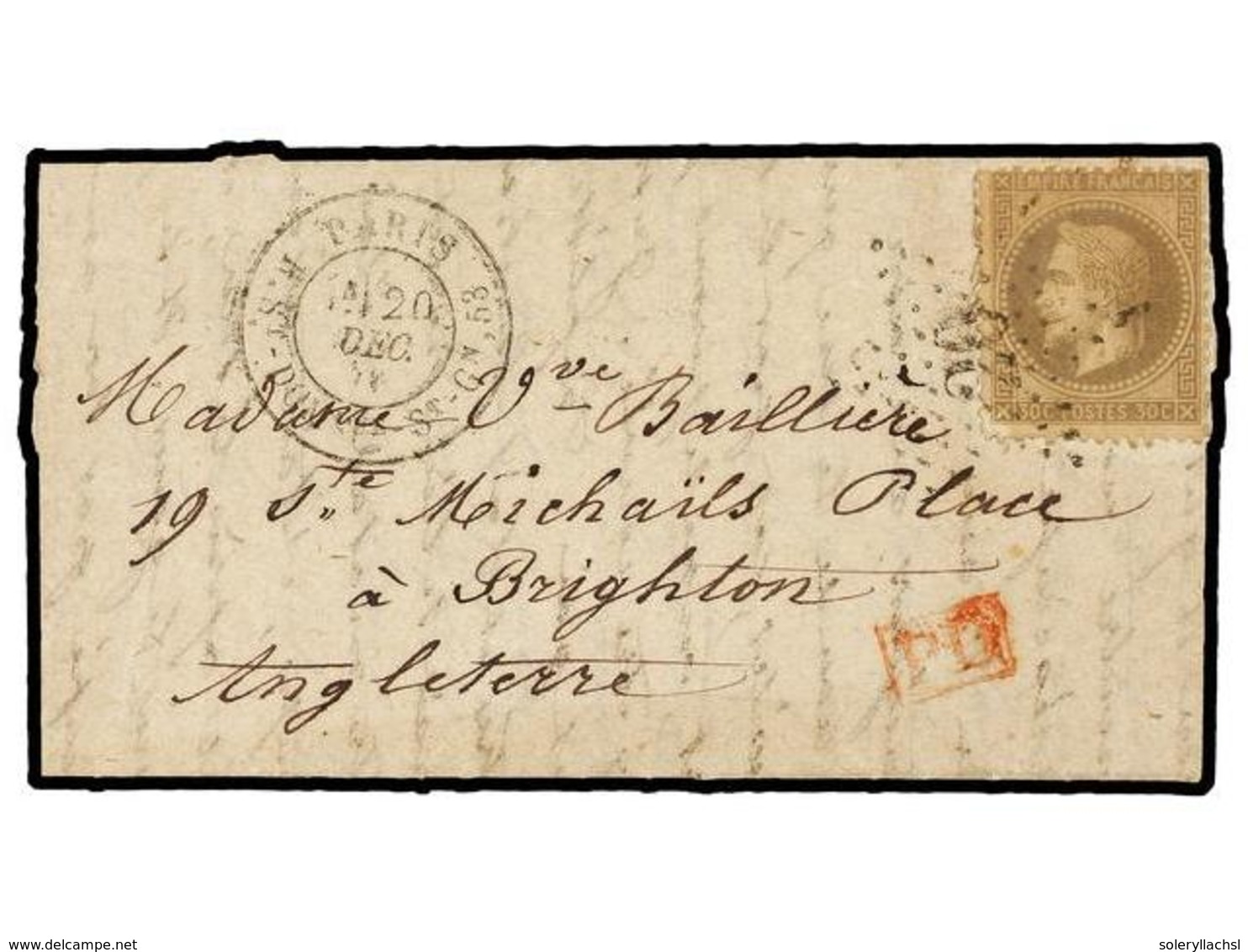 530 FRANCIA. 1870 (Dec. 20). PARIS To BRIGHTON (Great Britain). <B>BALLOON 'LE LAVOISIER'</B>. Entire Letter Franked Wit - Andere & Zonder Classificatie