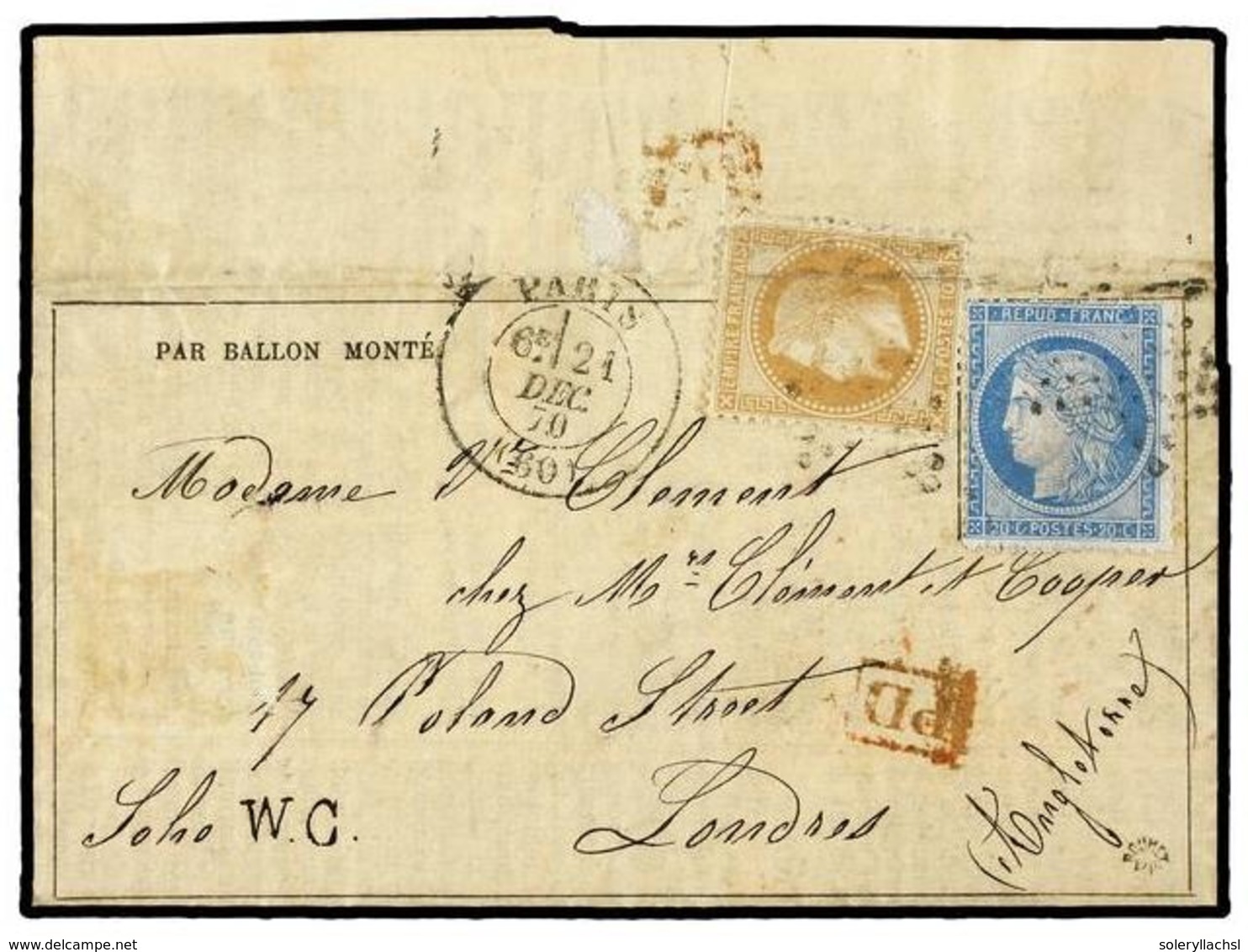 531 FRANCIA. 1870 (Dec. 21). PARIS To LONDON. <B>BALLOON 'LE LAVOISIER'</B>. Entire <I>'GAZETTE DES ABSENTS Nº18'</I>  F - Sonstige & Ohne Zuordnung