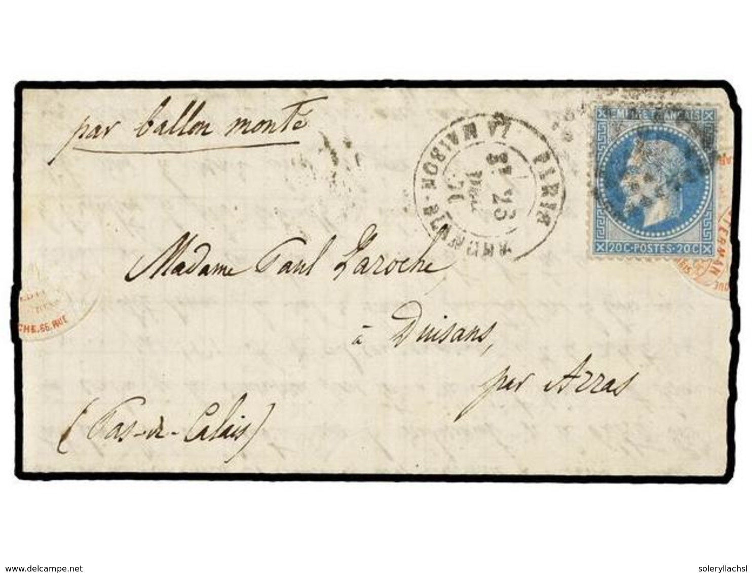 532 FRANCIA. 1870 (23 Dec.). VITRY To ARRAS. <B>BALLOON 'LA TOURNEVILLE'</B>. Entire Letter Franked With <B>20 Cts.</B>  - Andere & Zonder Classificatie