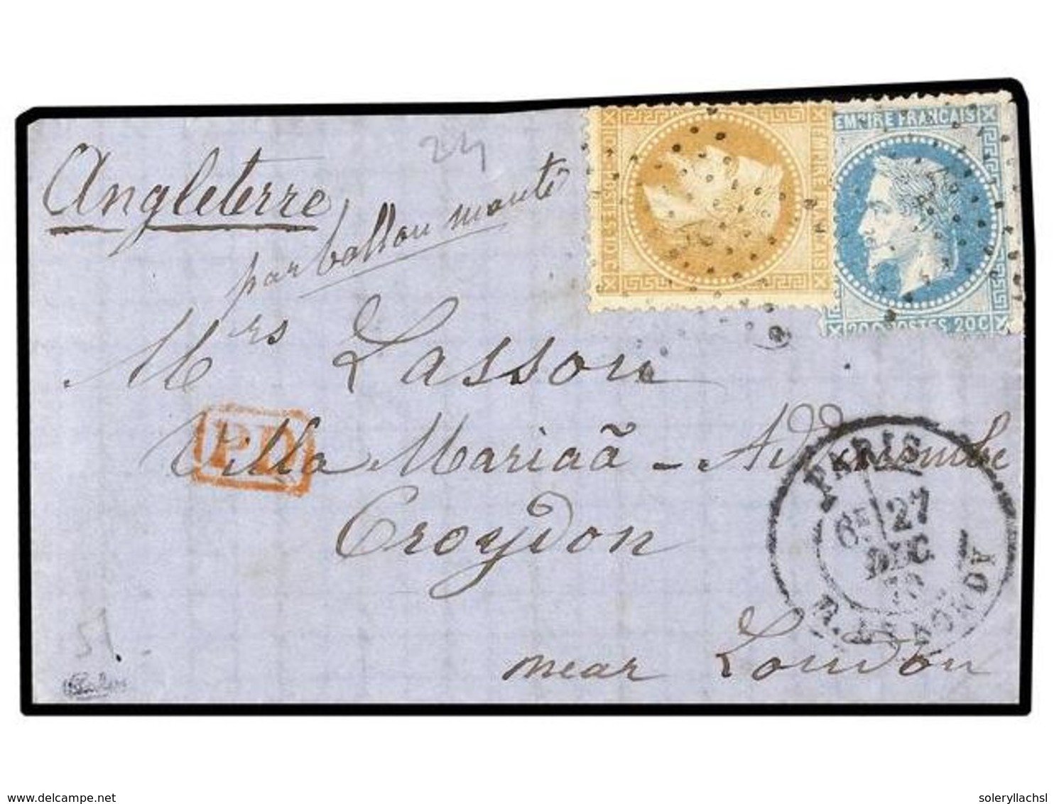 534 FRANCIA. 1870 (Dec. 27). PARIS To CROYDON (Great Britain). <B>BALLOON 'LE BAYARD'</B>. Entire Letter Franked With <B - Sonstige & Ohne Zuordnung