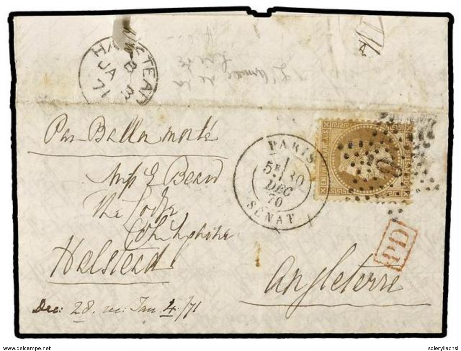 535 FRANCIA. 1870 (30 Dec.). PARIS To HALSTEAD (Great Britain). <B>BALLOON 'L'ARMEE DE LA LOIRE'</B>. Entire Letter Fran - Sonstige & Ohne Zuordnung