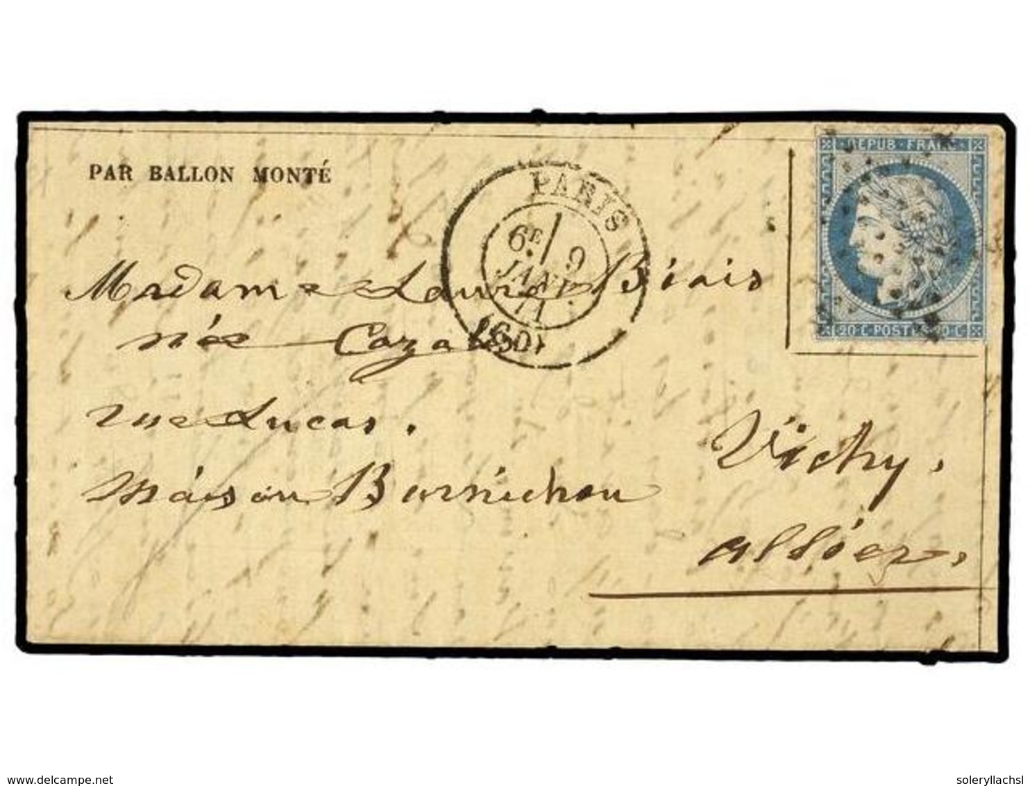 536 FRANCIA. 1871 (Jan. 9). PARIS To VICHY. <B>BALLOON 'LE KEPLER'</B>. Entire Letter Franked With <B>20 Cts.</B> Blue A - Sonstige & Ohne Zuordnung