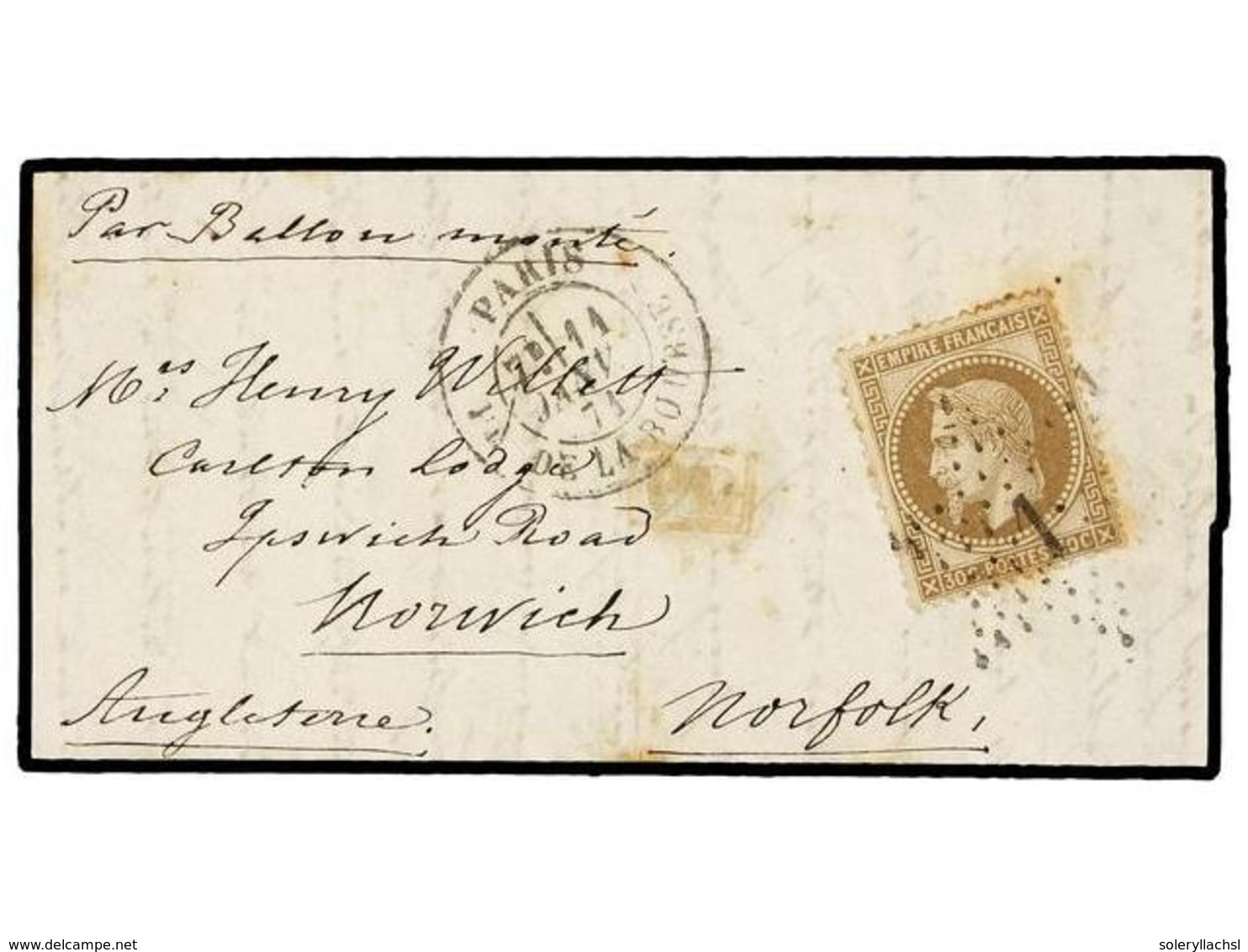 537 FRANCIA. 1871 (Jan. 11). PRIS To NORFOLK (Great Britain). <B>BALLOON 'LE GENERAL-FAIDHERBE'</B>. Entire Letter Frank - Sonstige & Ohne Zuordnung