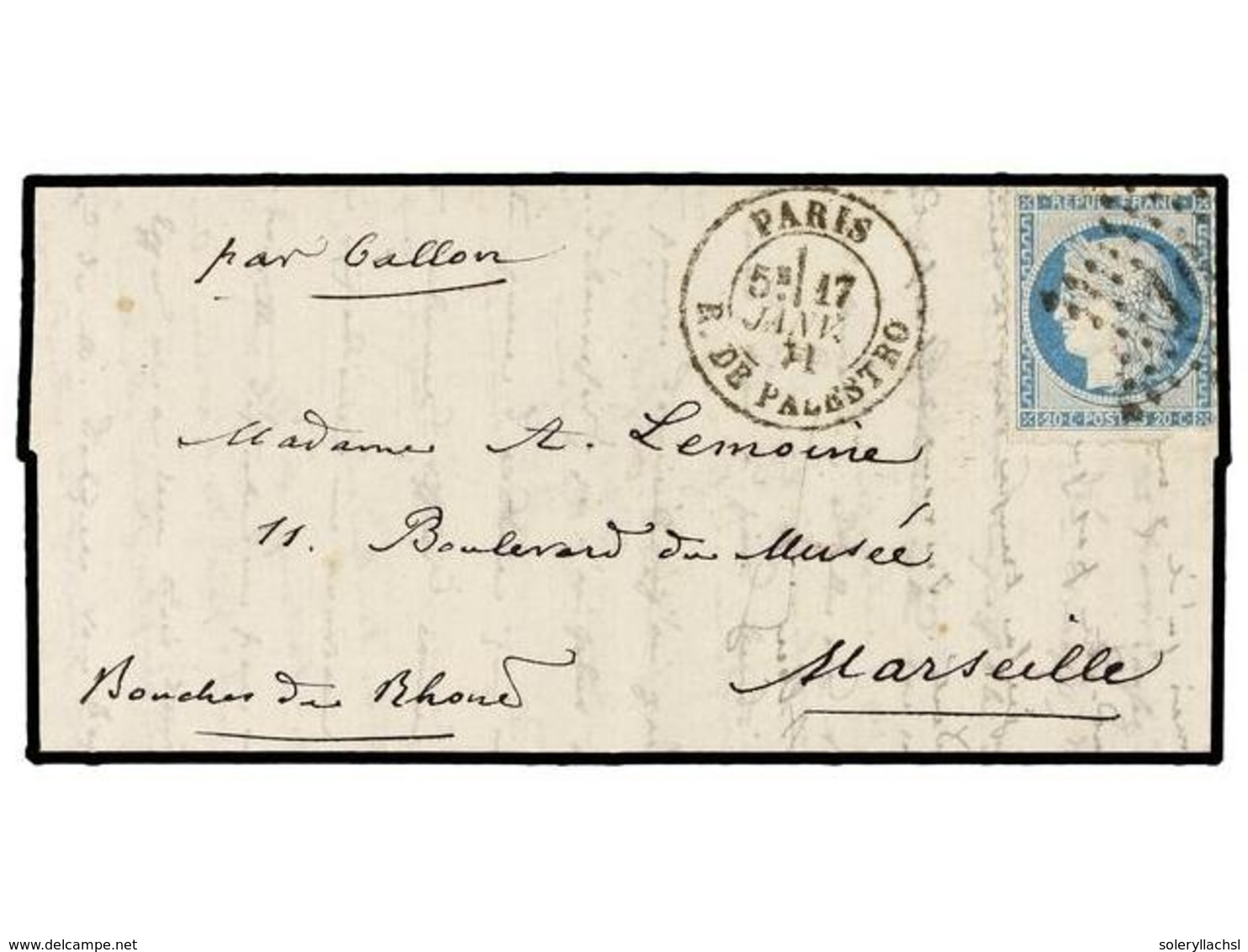 539 FRANCIA. 1871 (Jan. 17). PARIS To MARSEILLE. <B>BALLOON 'POSTE DE PARIS'</B>. Entire Letter Franked With <B>20 Cts.< - Andere & Zonder Classificatie