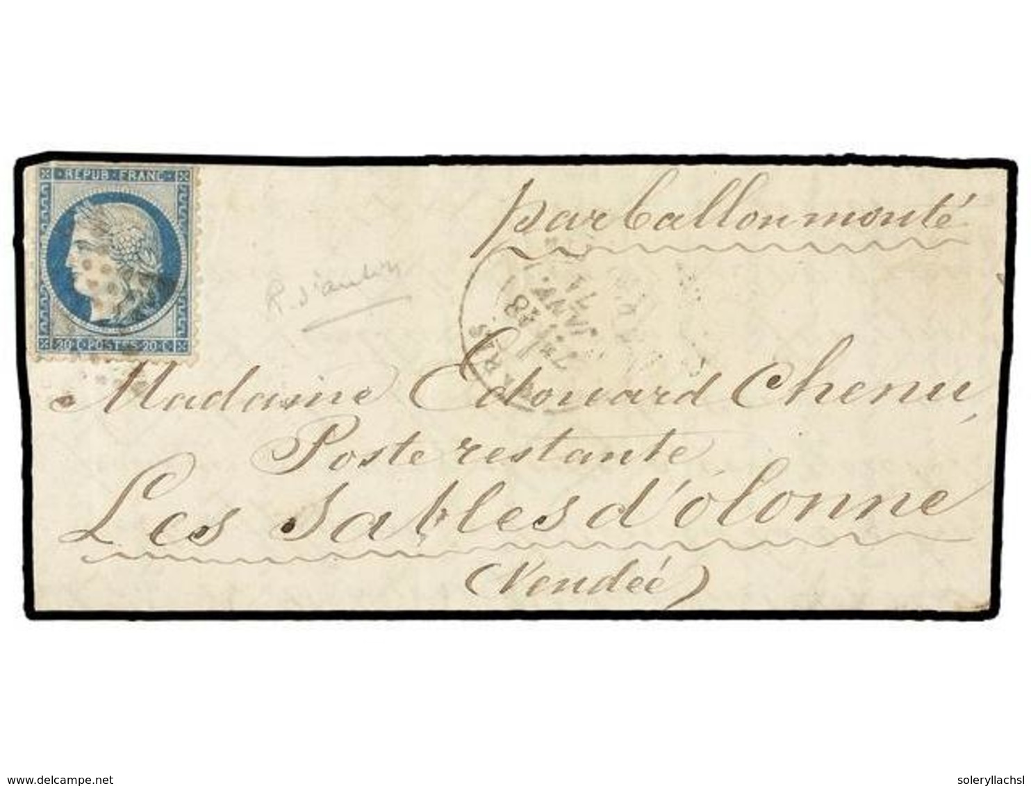 540 FRANCIA. 1871 (Jan. 17). PARIS To LES SABLES D'OLONNE. <B>BALLOON 'LE GENERAL BOURBAKI'</B>. Entire Letter Franked W - Andere & Zonder Classificatie