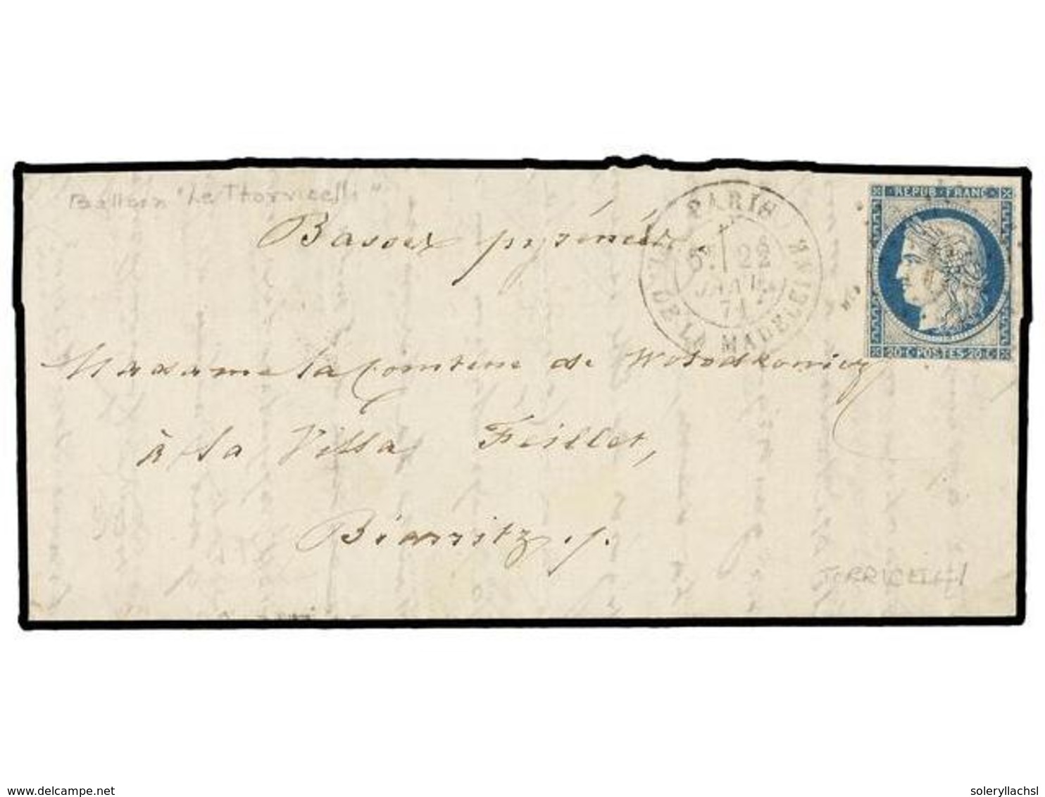 542 FRANCIA. 1871 (Jan. 22). PARIS To BIARRITZ. <B>BALLOON 'LE TORRICELLI'</B>. Entire Letter Franked With <B>20 Cts. </ - Andere & Zonder Classificatie