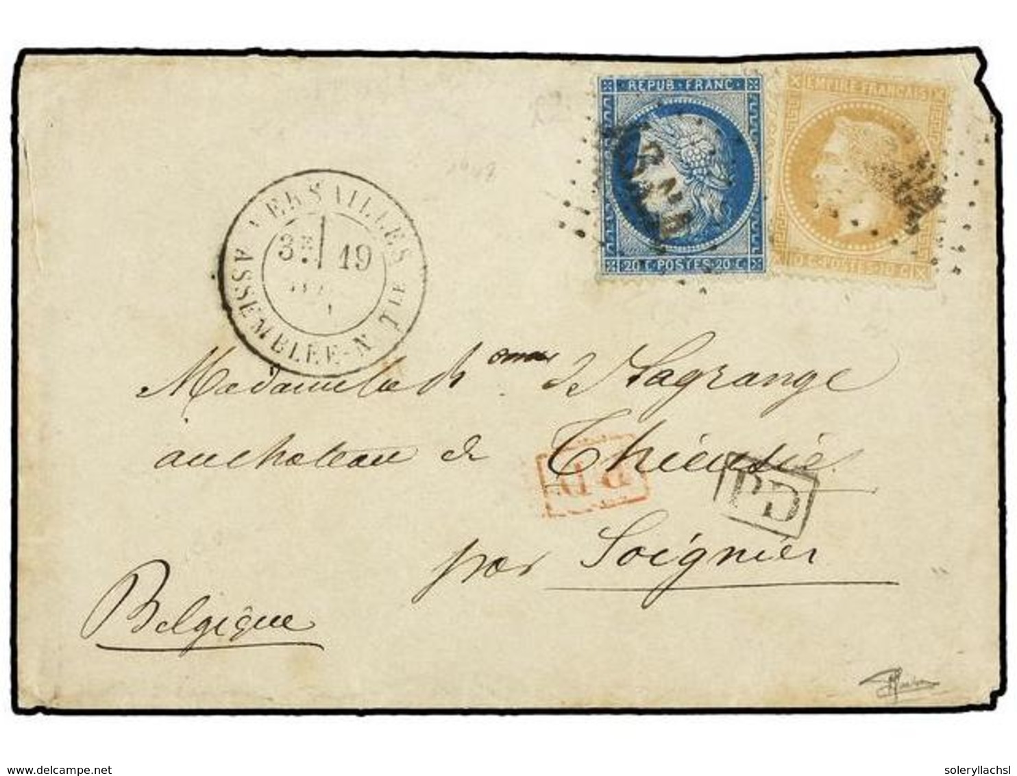 543 FRANCIA. Yv.28, 37. 1871. VERSAILLES A BELGICA. <B>10 Cts. </B>bistre Y <B>10 Cts.</B> Azul Mat. Rombo <B>ASNA</B> ( - Sonstige & Ohne Zuordnung