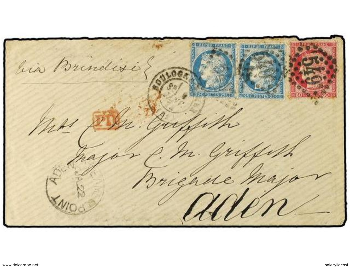 550 FRANCIA. 1874 (Jan 9). Cover From Boulogne Via Brindisi To Aden, Franked By 1871-75 <B>25c.</B> Blue (2) And <B>80c< - Sonstige & Ohne Zuordnung