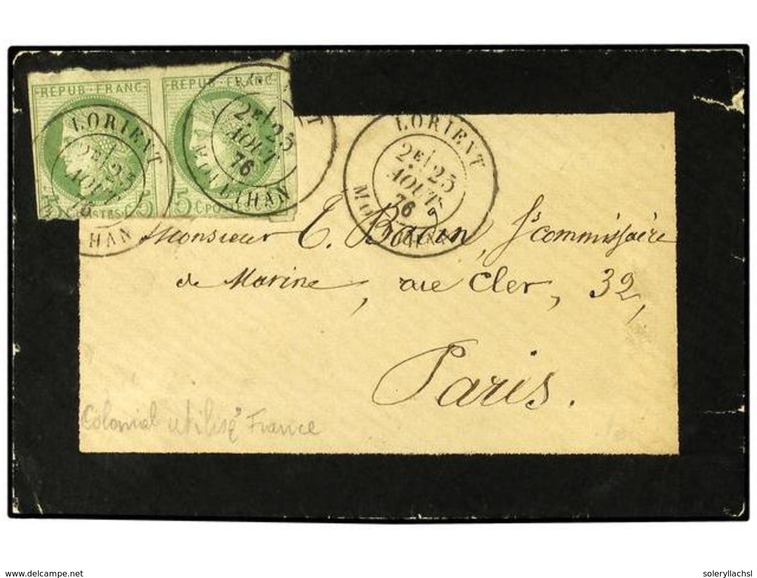 552 FRANCIA. 1876. Mourning Envelope To FRANCE Bearing French General Colonies <B>5 C</B> Green (imperf Pair) (Yvert 17) - Sonstige & Ohne Zuordnung