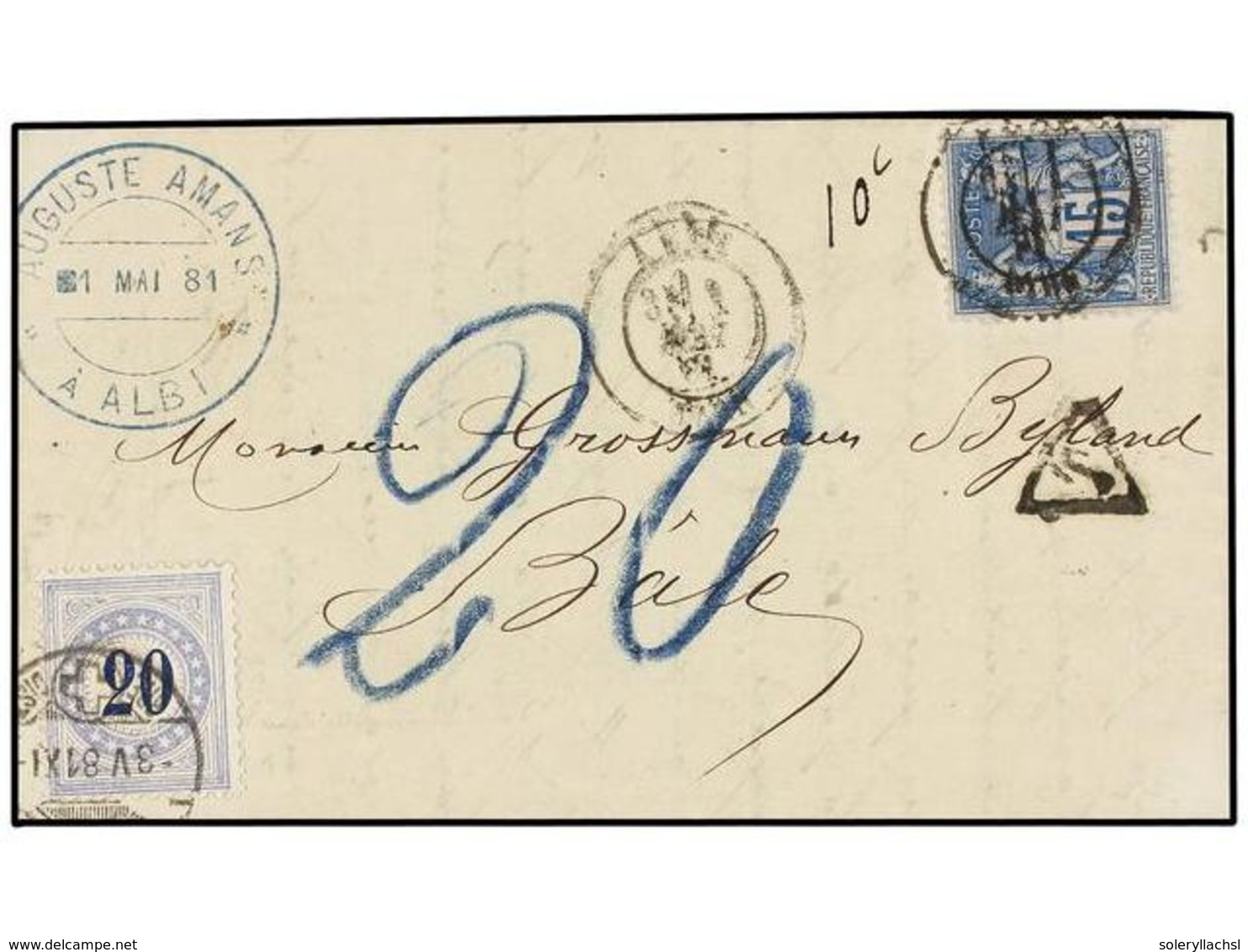 555 FRANCIA. Yv.90. 1881. ALBI To SWITZERLAND. Entire Letter Franked With <B>15 Cts.</B> Blue Stamp Taxed On Arrival Wit - Sonstige & Ohne Zuordnung