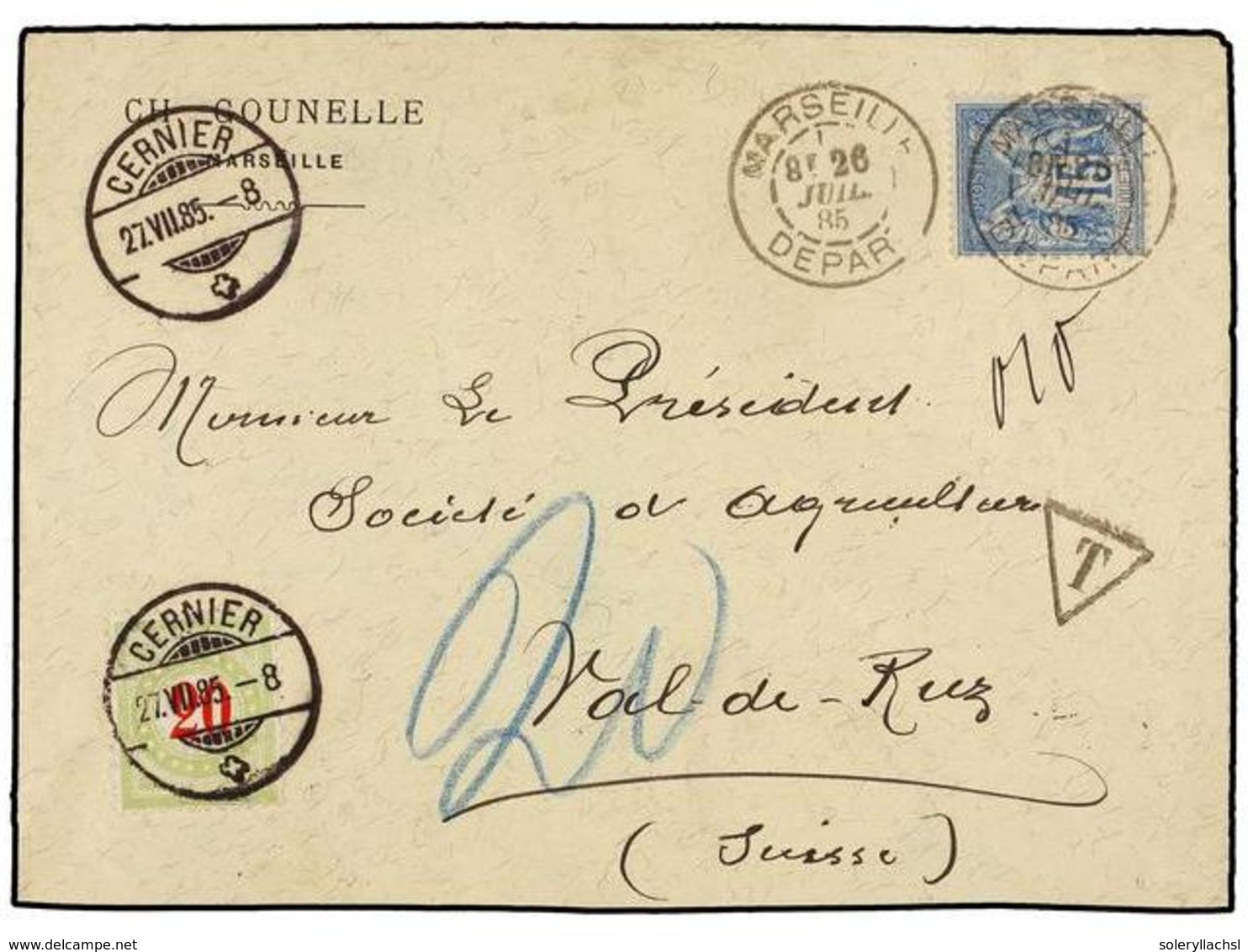 556 FRANCIA. Yv.90. 1885. MARSEILLE To SWITZERLAND. Envelope Franked With <B>15 Cts.</B> Blue Stamp, Taxed On Arrival Wi - Sonstige & Ohne Zuordnung