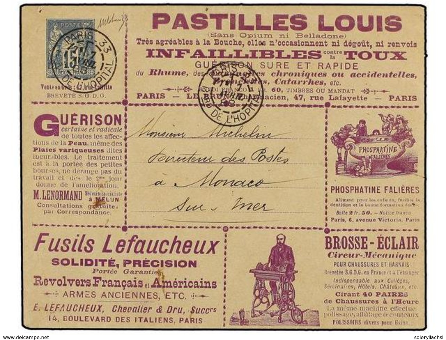 557 FRANCIA. 1888. PARIS A MÓNACO. Entero Postal De <B>15 Cts.</B> (vendido A <B>5 Cts.</B>) Con Publicidad Colectiva En - Sonstige & Ohne Zuordnung