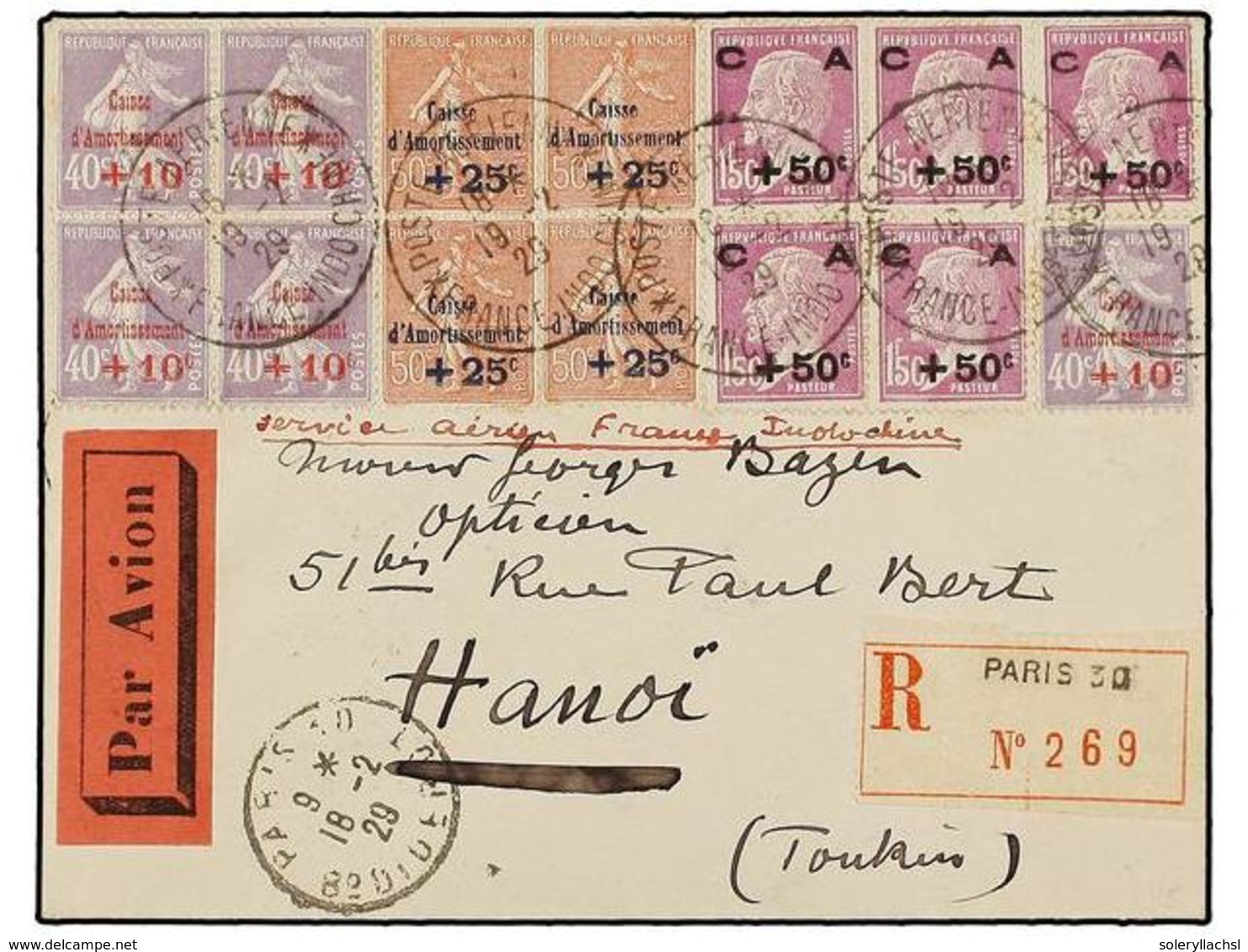 565 FRANCIA. 1929. PARIS To HANOI.<B>AIR MAIL. </B>Espectacular Franking (cat. 400€ Stamps Used) On Back<B> RAID INTERRO - Sonstige & Ohne Zuordnung
