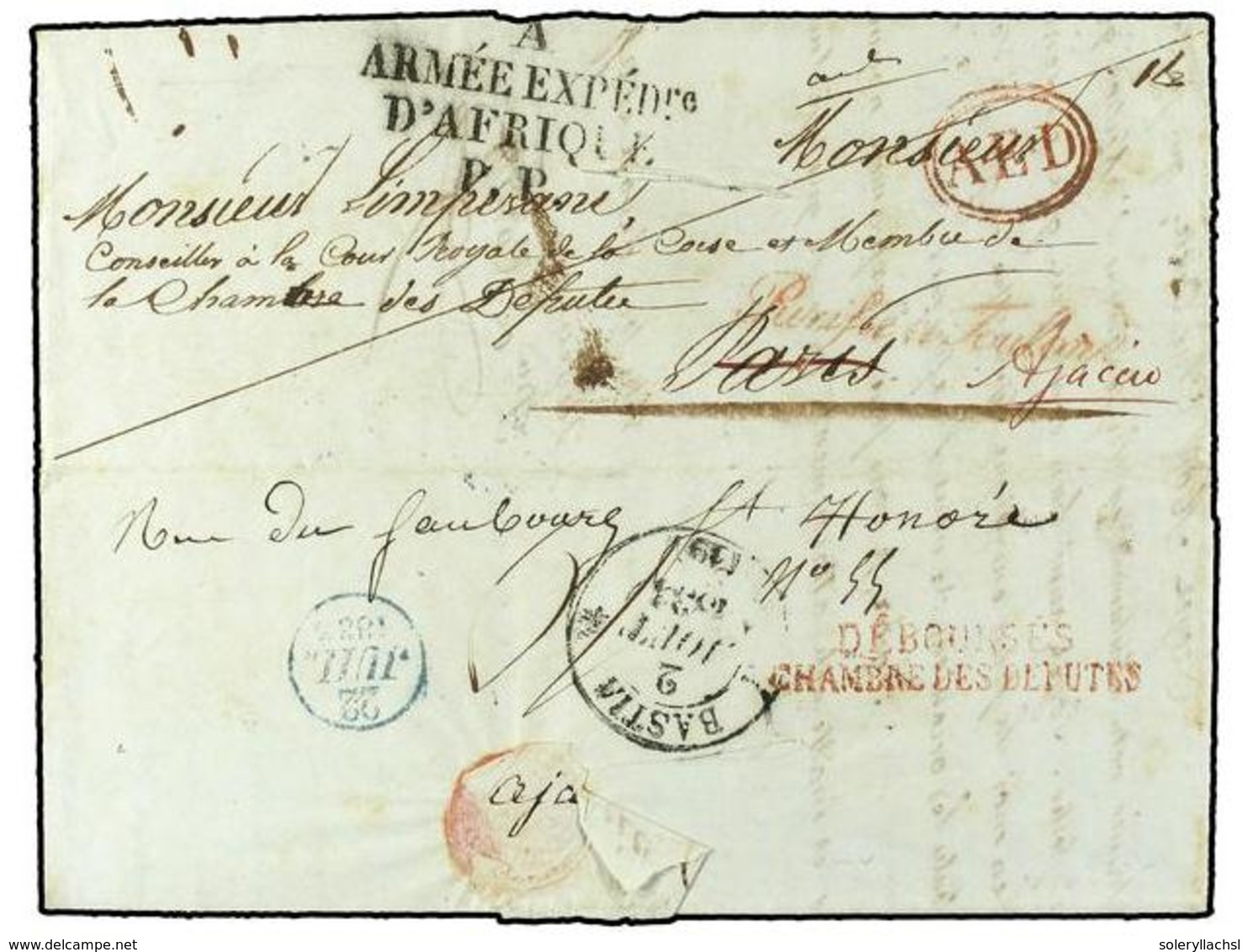 568 ARGELIA. 1833 (15 Jul.). Folded Letter From ALGERIA, Sent To PARIS And Redirected To CORSICA. Front Shows Very Fine  - Sonstige & Ohne Zuordnung