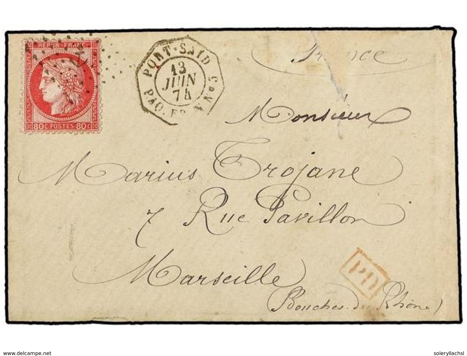 578 EGIPTO. 1874. PORT SAID A FRANCIA. Circulada Con Sello Francés De <B>80 Cts.</B> Rosa, Mat.<B> ANCLA</B> Y Fechador  - Andere & Zonder Classificatie