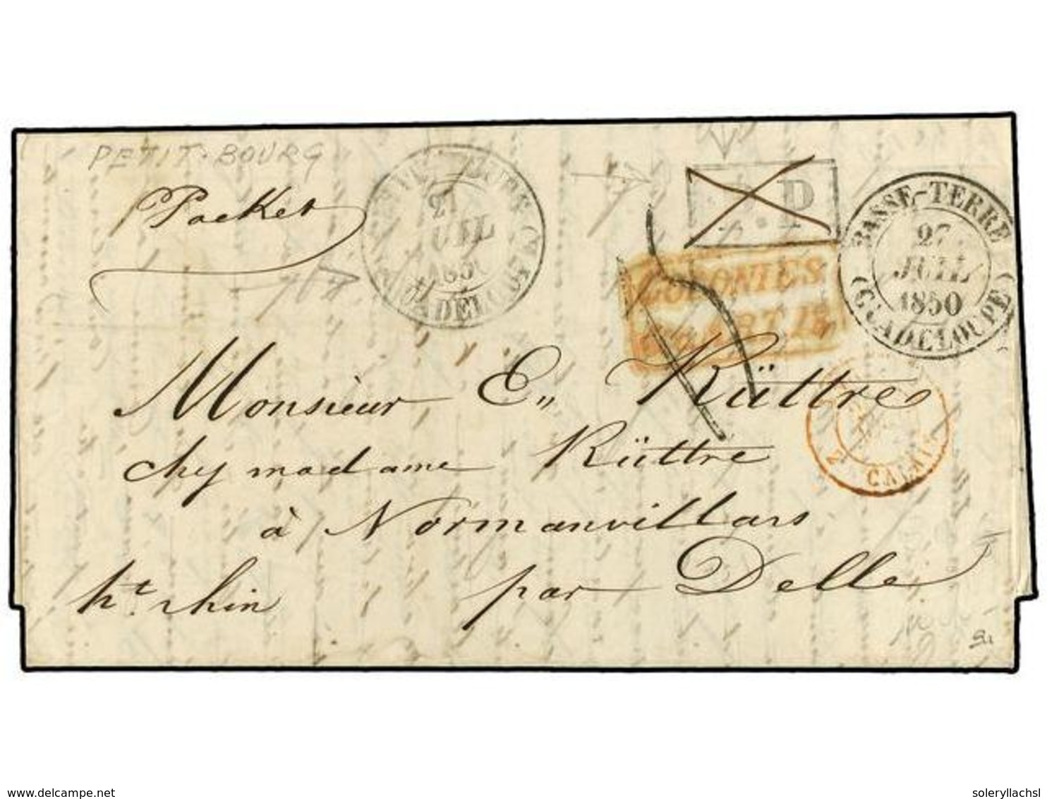 581 GUADALUPE. 1850 (July 27). Entire Letter From Petit Bourg To France With Fine Strike Of<B> 'PETIT BOURG' </B>cds In  - Altri & Non Classificati