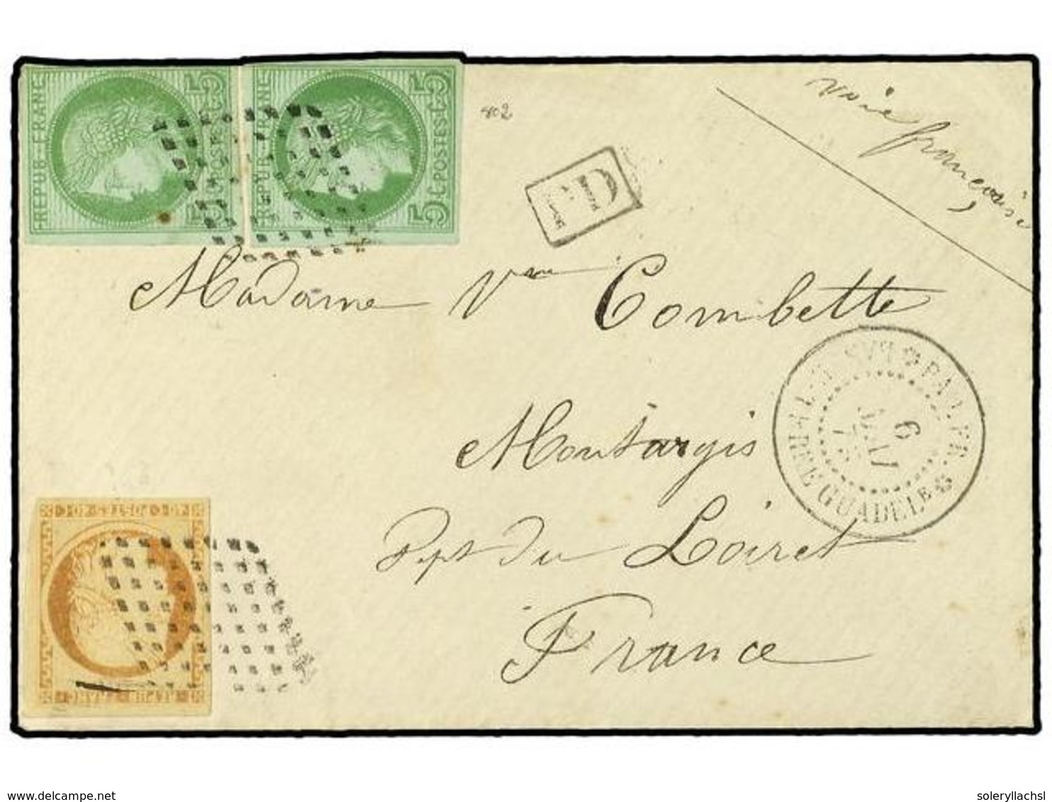 585 GUADALUPE. 1873 (May 6). Cover From Basse-Terre To France Franked By 1871 <B>40c</B> Orange And 1872-77 <B>5c</B> Gr - Autres & Non Classés