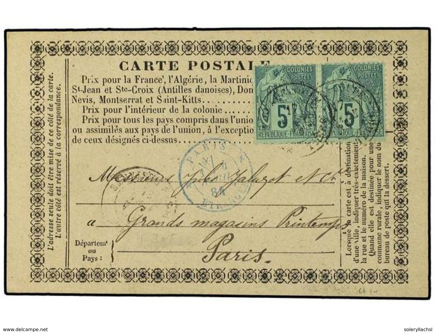 587 GUADALUPE. 1884. Postal Stationary Card Addressed To FRANCE Bearing French General Colonies <B>5 C</B> Green (pair)  - Altri & Non Classificati