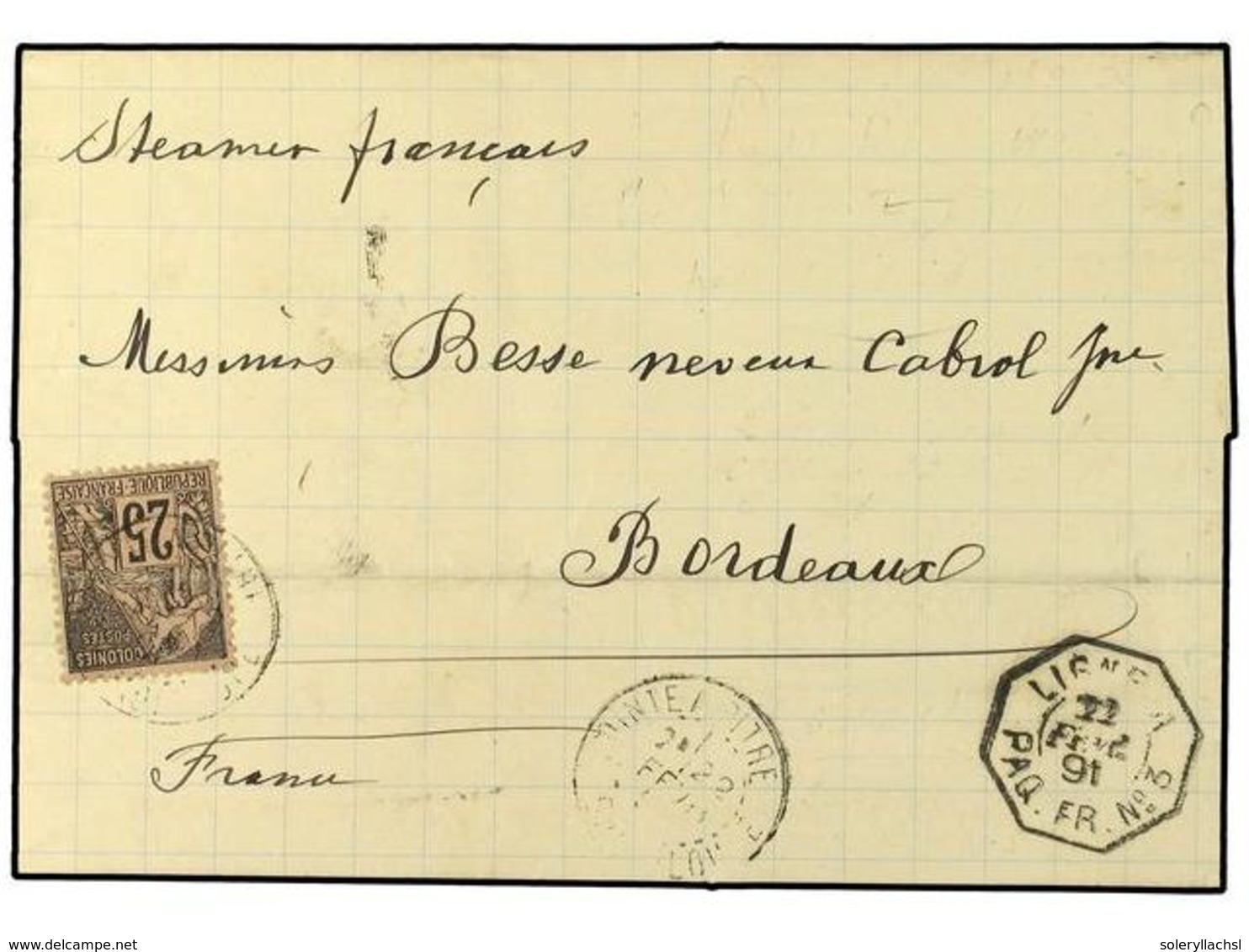 588 GUADALUPE. 1891. POINTE A PITRE A BORDEAUX. <B>25 Cts.</B> Negro, Fechador Octogonal Maritimo <B>LIGNE A/PAQ. FR. Nº - Autres & Non Classés