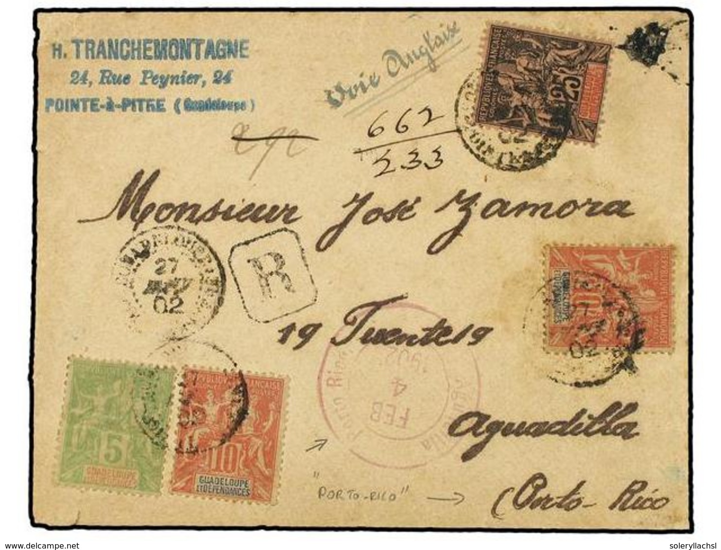 589 GUADALUPE. 1902 (Jan 27). Registered Three Colour Franking Cover  To Aguadilla, Puerto Rico Bearing 1892-01 <B>5c</B - Other & Unclassified