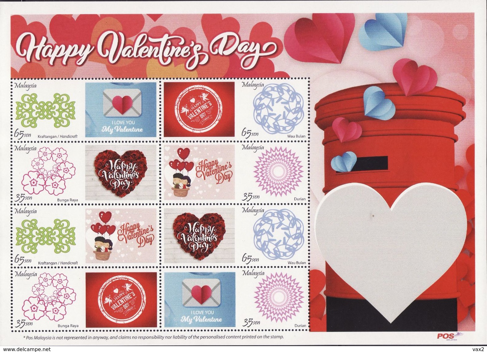 Malaysia 2018 Happy Valentine's Day Personalized Stamp MNH Love Heart Postal Post Box - Malaysia (1964-...)