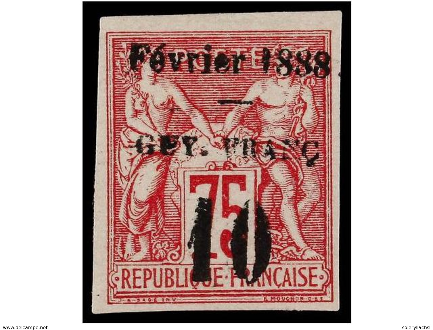 592 (*) GUAYANA FRANCESA. Yv.9. 1888. <B>10 Cts. On 75 Cts.</B> Rose Without Gum. Fine. Signed A. BRUN. Yvert.300€. - Sonstige & Ohne Zuordnung