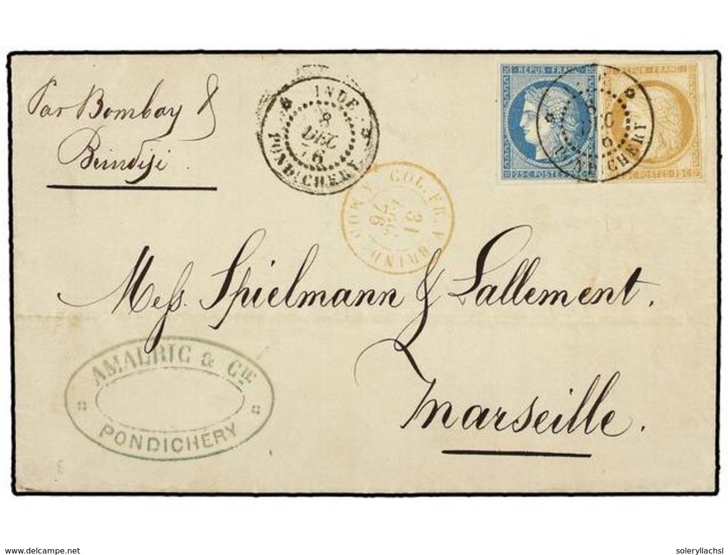 593 INDIA FRANCESA. Ce.19+23. 1876 (Dec 8). Entire Letter To MARSEILLE Franked By General Issues Ceres 1872-77 Large Fig - Sonstige & Ohne Zuordnung