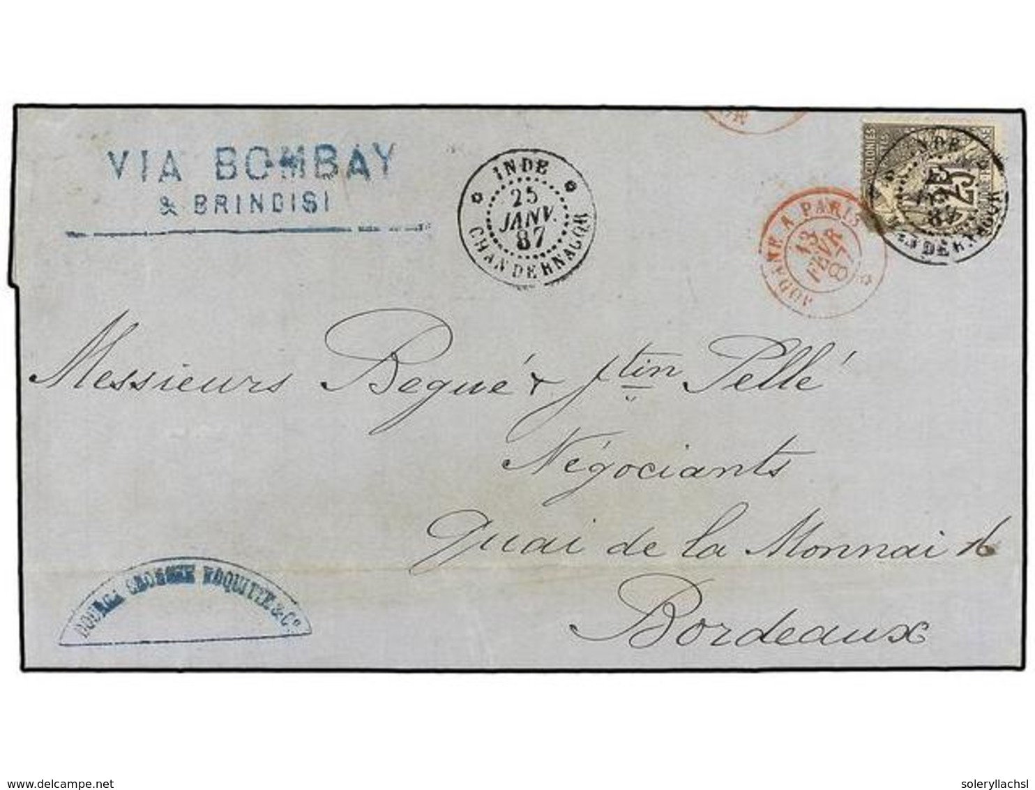 594 INDIA FRANCESA. Ce.54. 1887 (Jan 25). Entire Letter Written From CALCUTTA Mailed With Dubois 1881 <B>25c.</B> Black  - Other & Unclassified